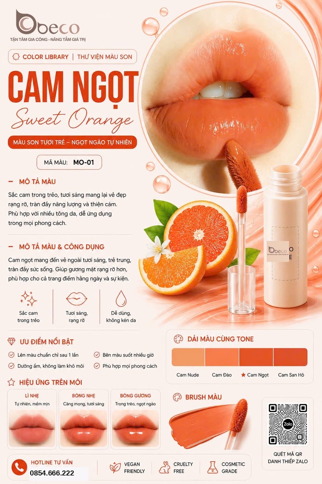 Thẻ màu son MO-01 Cam ngọt (Sweet Orange) do BECO gia công