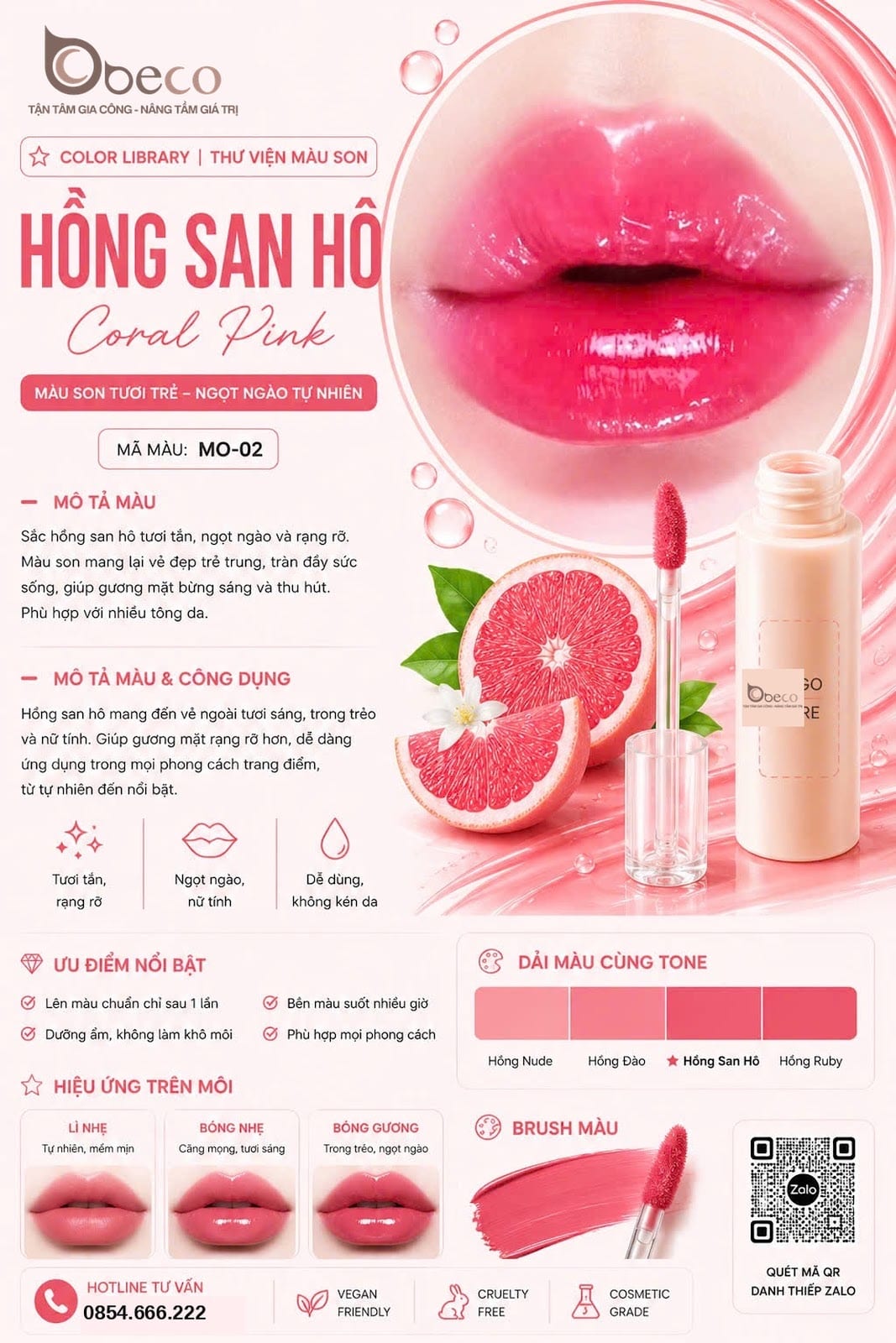 Thẻ màu son MO-02 Hồng san hô (Coral Pink) do BECO gia công