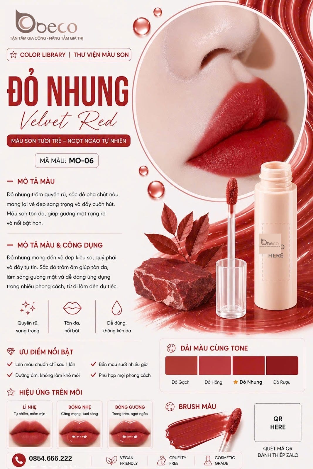 Thẻ màu son MO-06 Đỏ nhung (Velvet Red) do BECO gia công