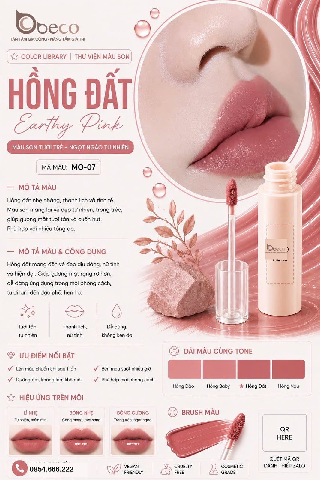 Thẻ màu son MO-07 Hồng đất (Earthy Pink) do BECO gia công