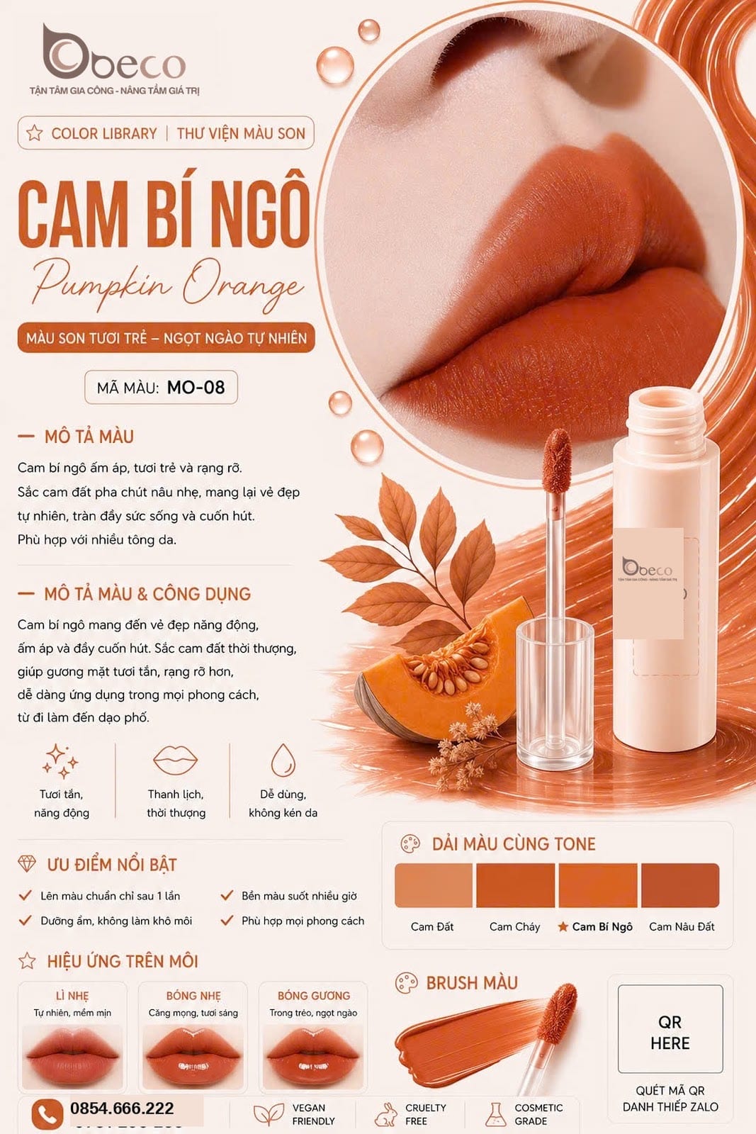 Thẻ màu son MO-08 Cam bí ngô (Pumpkin Orange) do BECO gia công