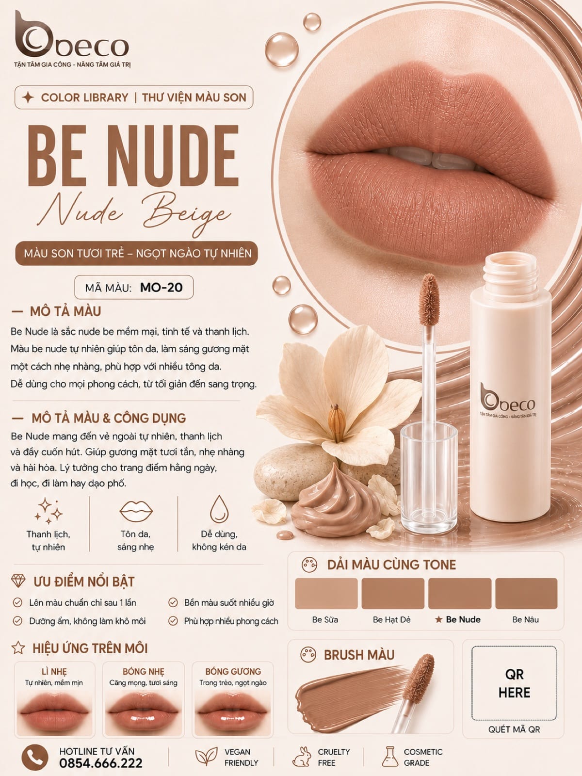 Thẻ màu son MO-20 Be nude (Nude Beige) do BECO gia công