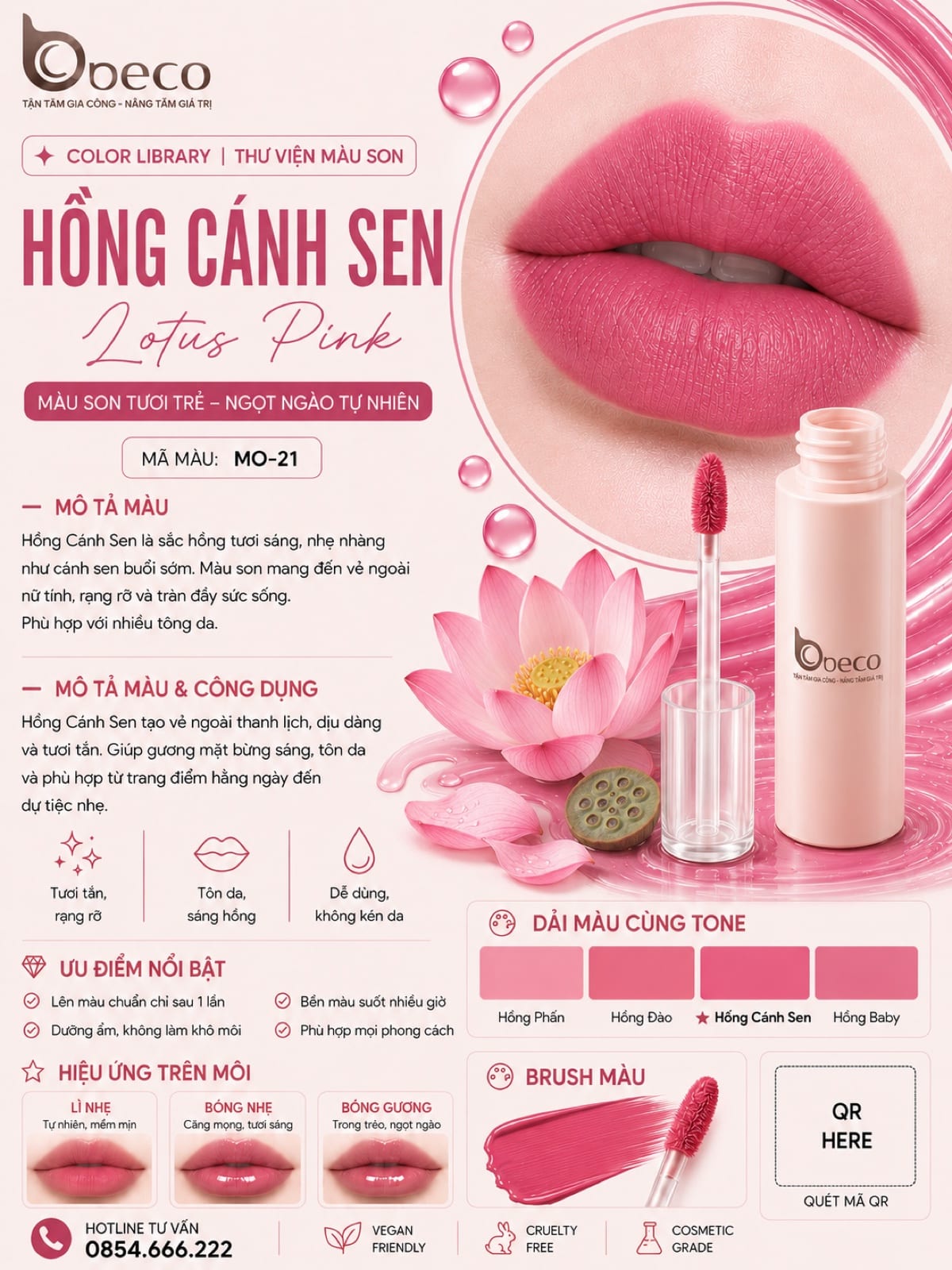 Thẻ màu son MO-21 Hồng cánh sen (Lotus Pink) do BECO gia công