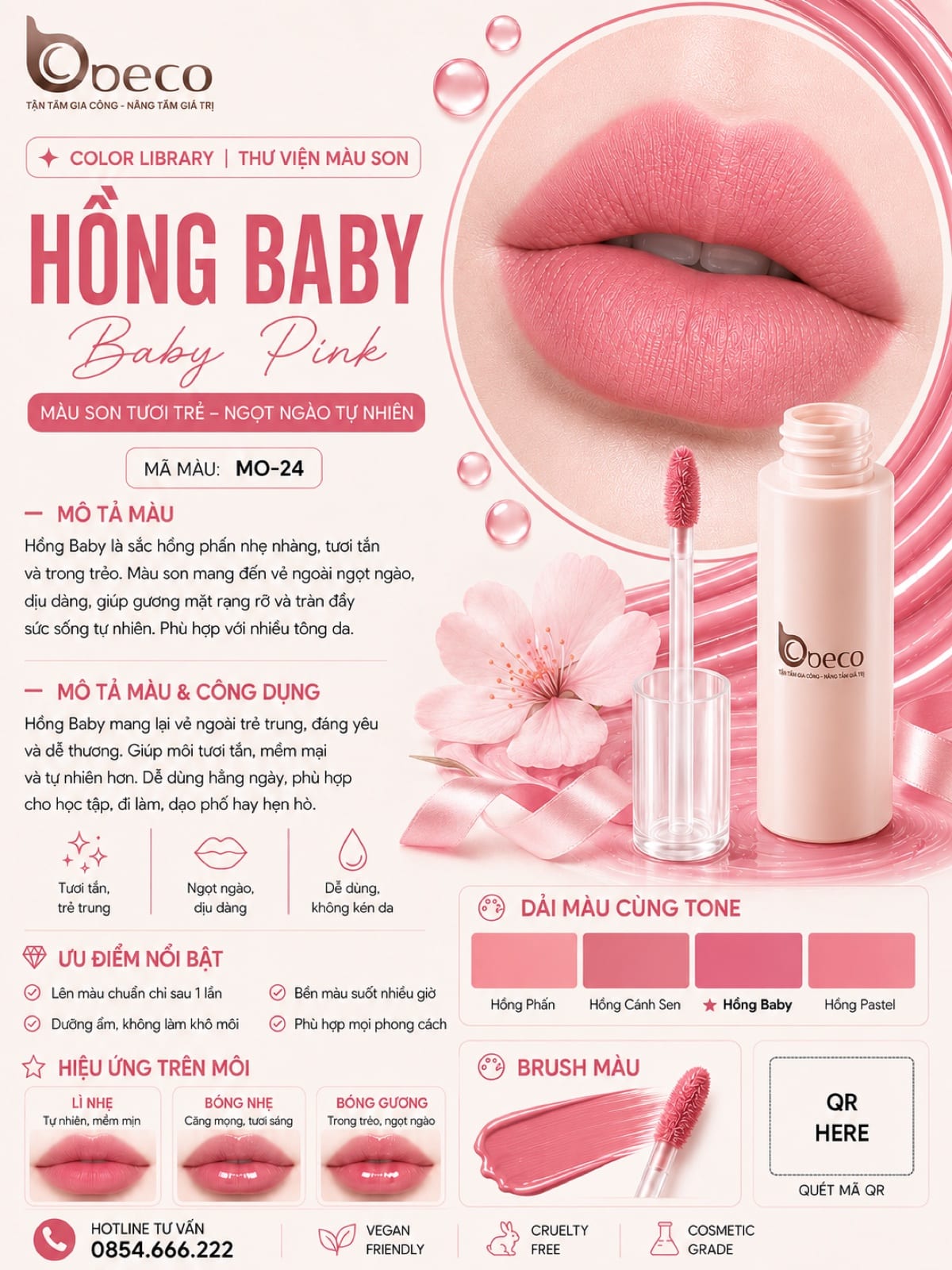 Thẻ màu son MO-24 Hồng baby (Baby Pink) do BECO gia công