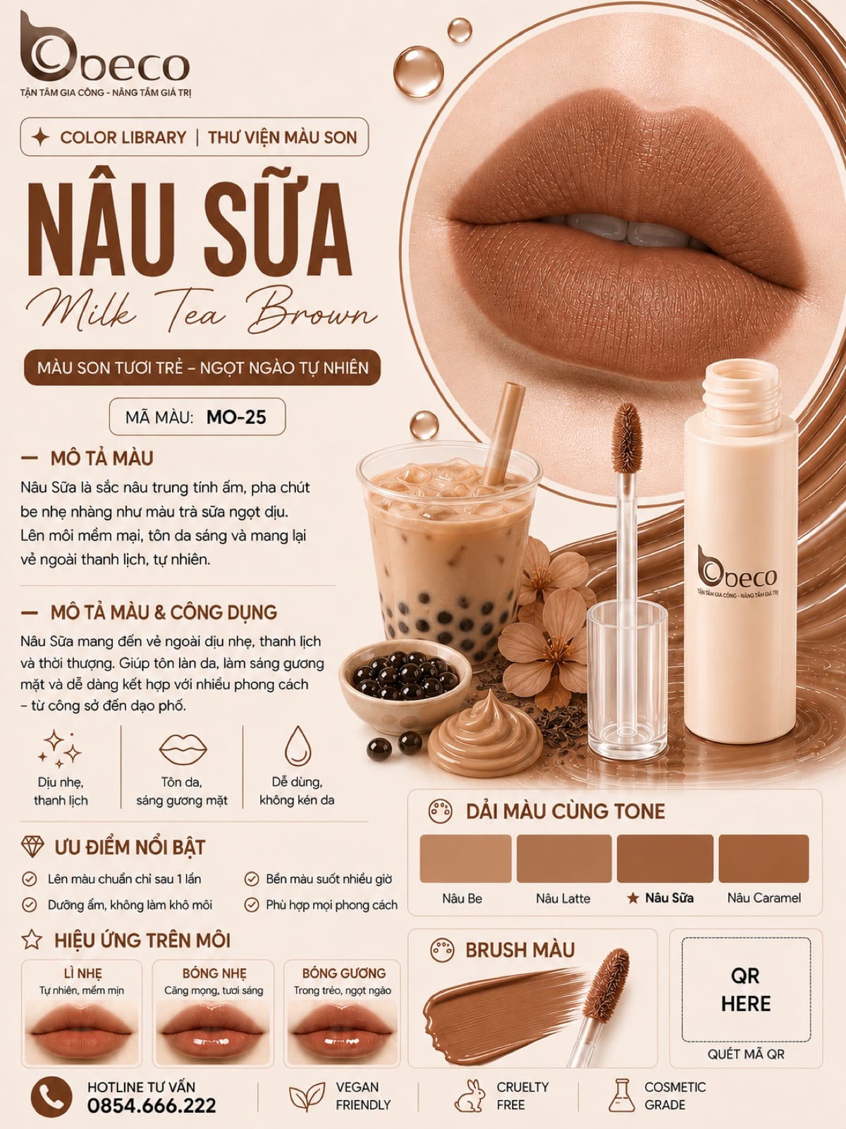 Thẻ màu son MO-25 Nâu sữa (Milk Tea Brown) do BECO gia công