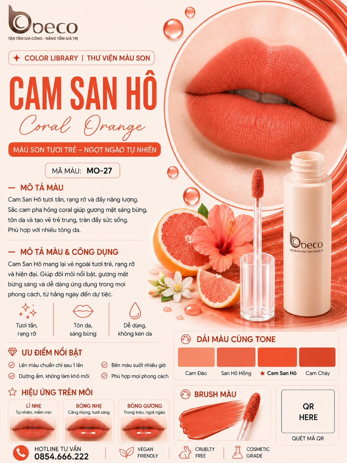 Thẻ màu son MO-27 Cam san hô (Coral Orange) do BECO gia công