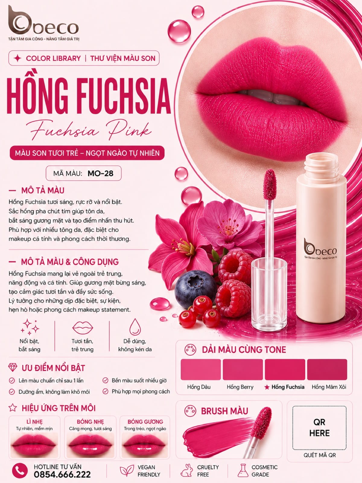 Thẻ màu son MO-28 Hồng fuchsia (Fuchsia Pink) do BECO gia công