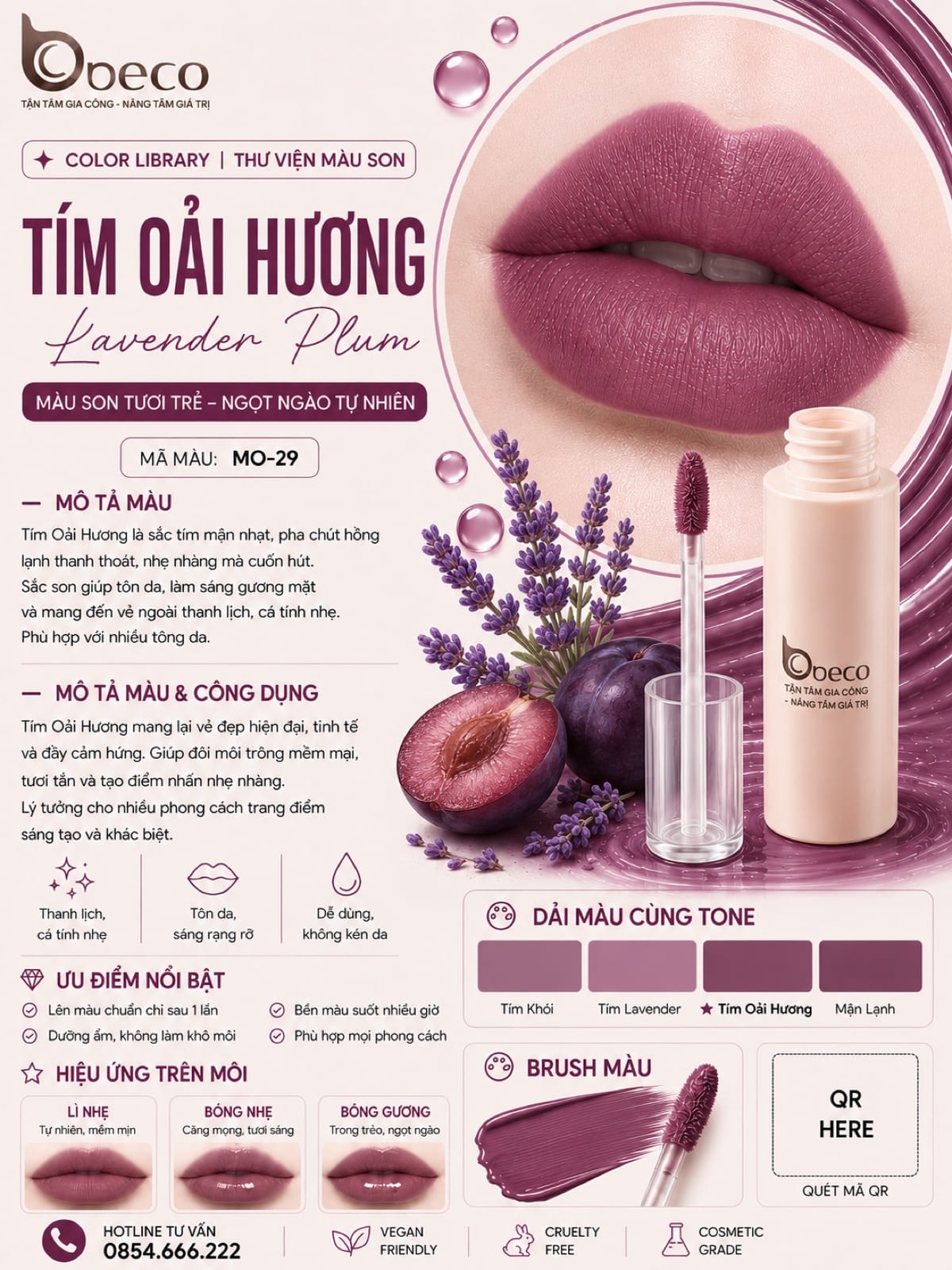 Thẻ màu son MO-29 Tím oải hương (Lavender Plum) do BECO gia công