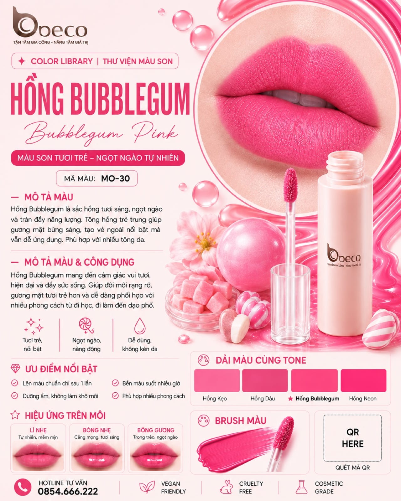Thẻ màu son MO-30 Hồng bubblegum (Bubblegum Pink) do BECO gia công