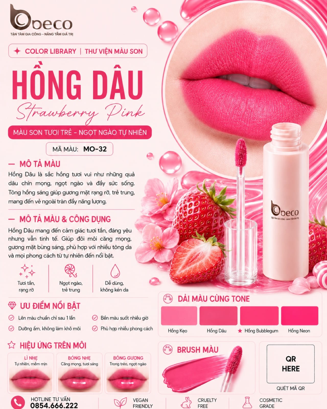 Thẻ màu son MO-32 Hồng dâu (Strawberry Pink) do BECO gia công