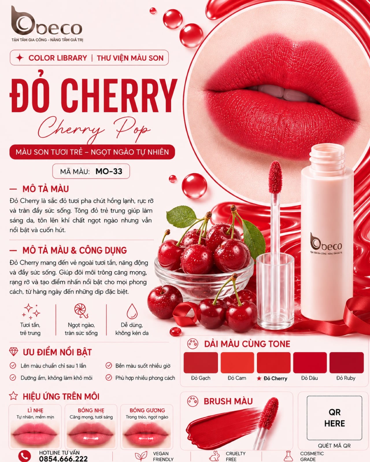 Thẻ màu son MO-33 Đỏ cherry (Cherry Pop) do BECO gia công