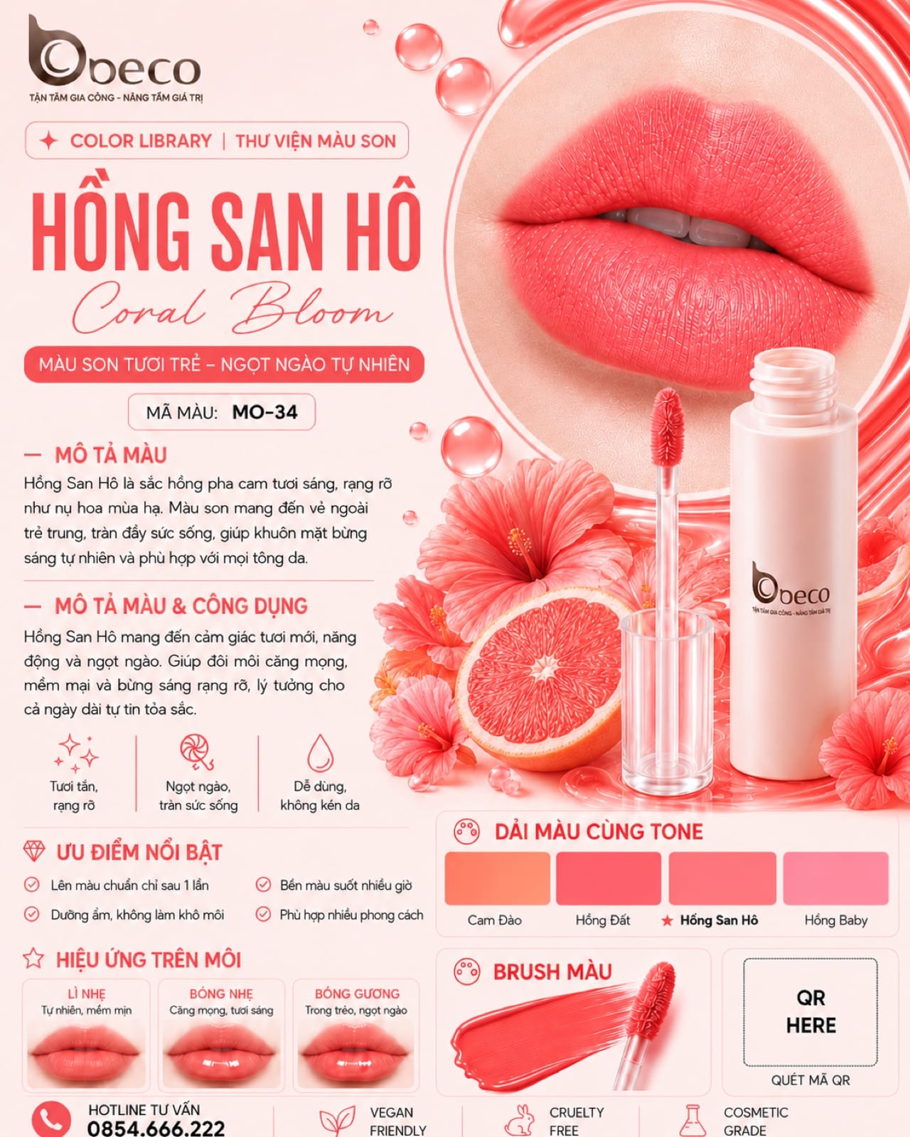 Thẻ màu son MO-34 Hồng san hô (Coral Bloom) do BECO gia công