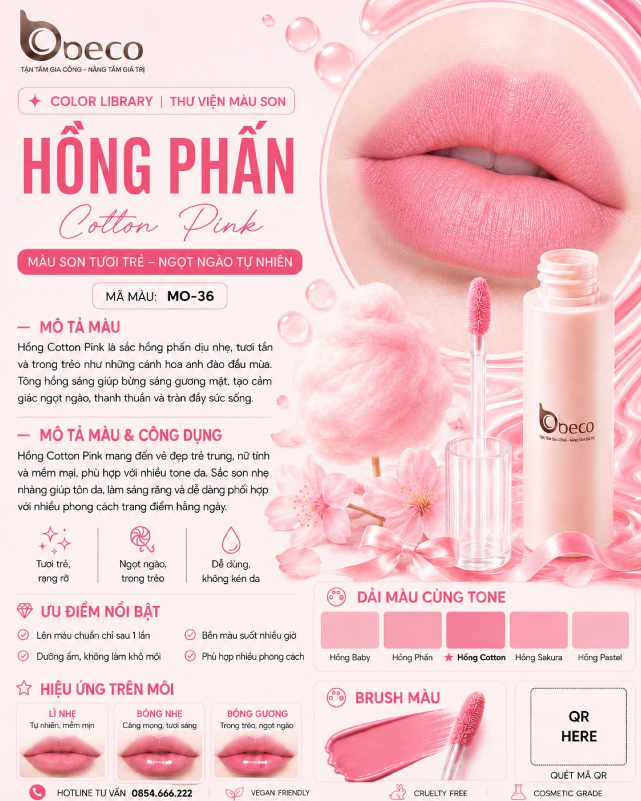 Thẻ màu son MO-36 Hồng phấn (Cotton Pink) do BECO gia công