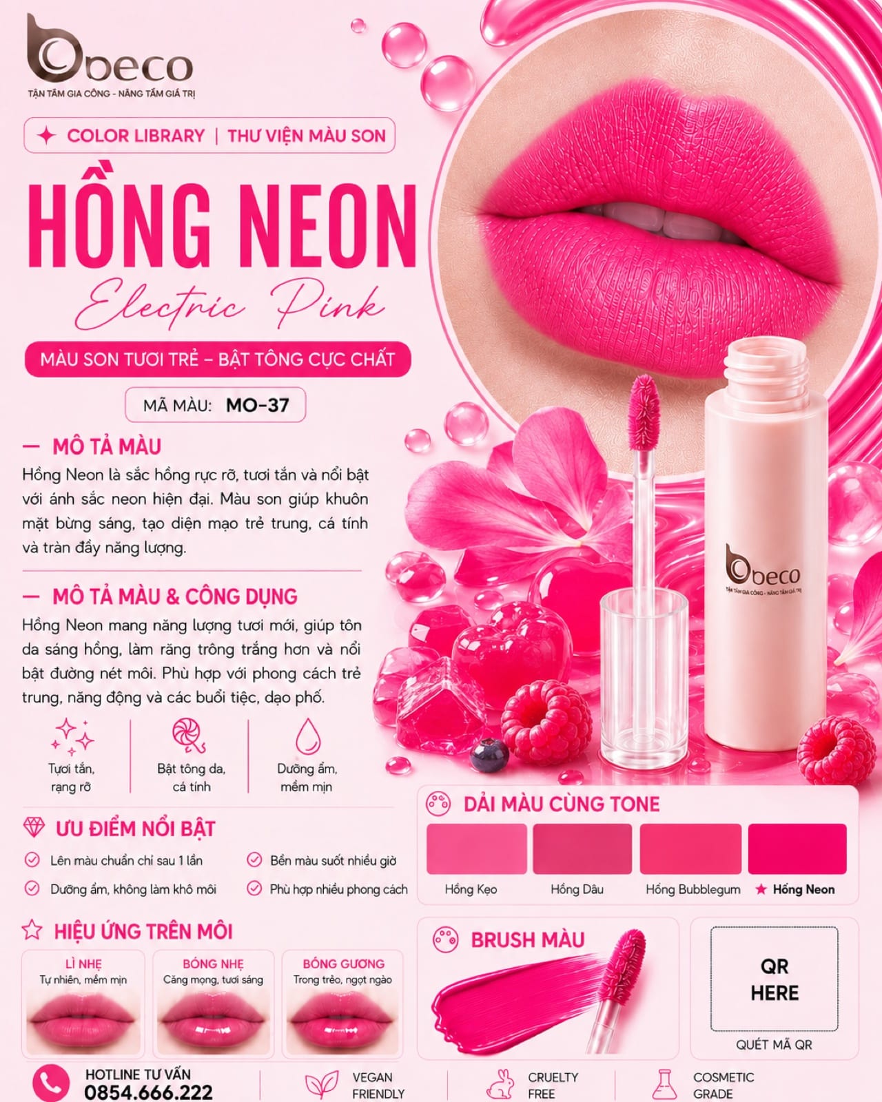 Thẻ màu son MO-37 Hồng neon (Electric Pink) do BECO gia công