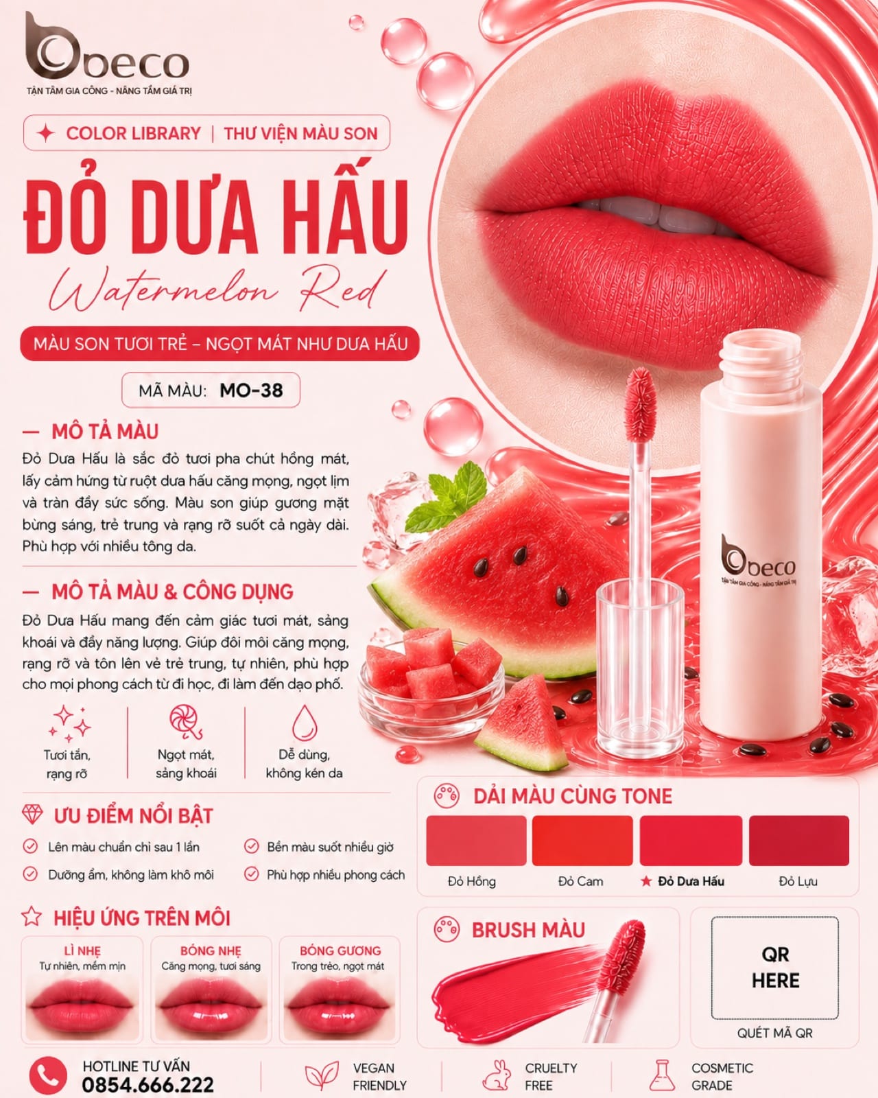 Thẻ màu son MO-38 Đỏ dưa hấu (Watermelon Red) do BECO gia công