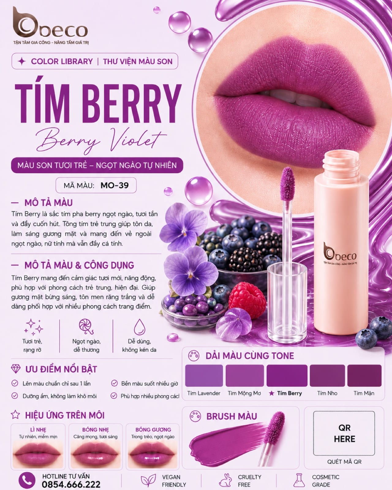 Thẻ màu son MO-39 Tím berry (Berry Violet) do BECO gia công