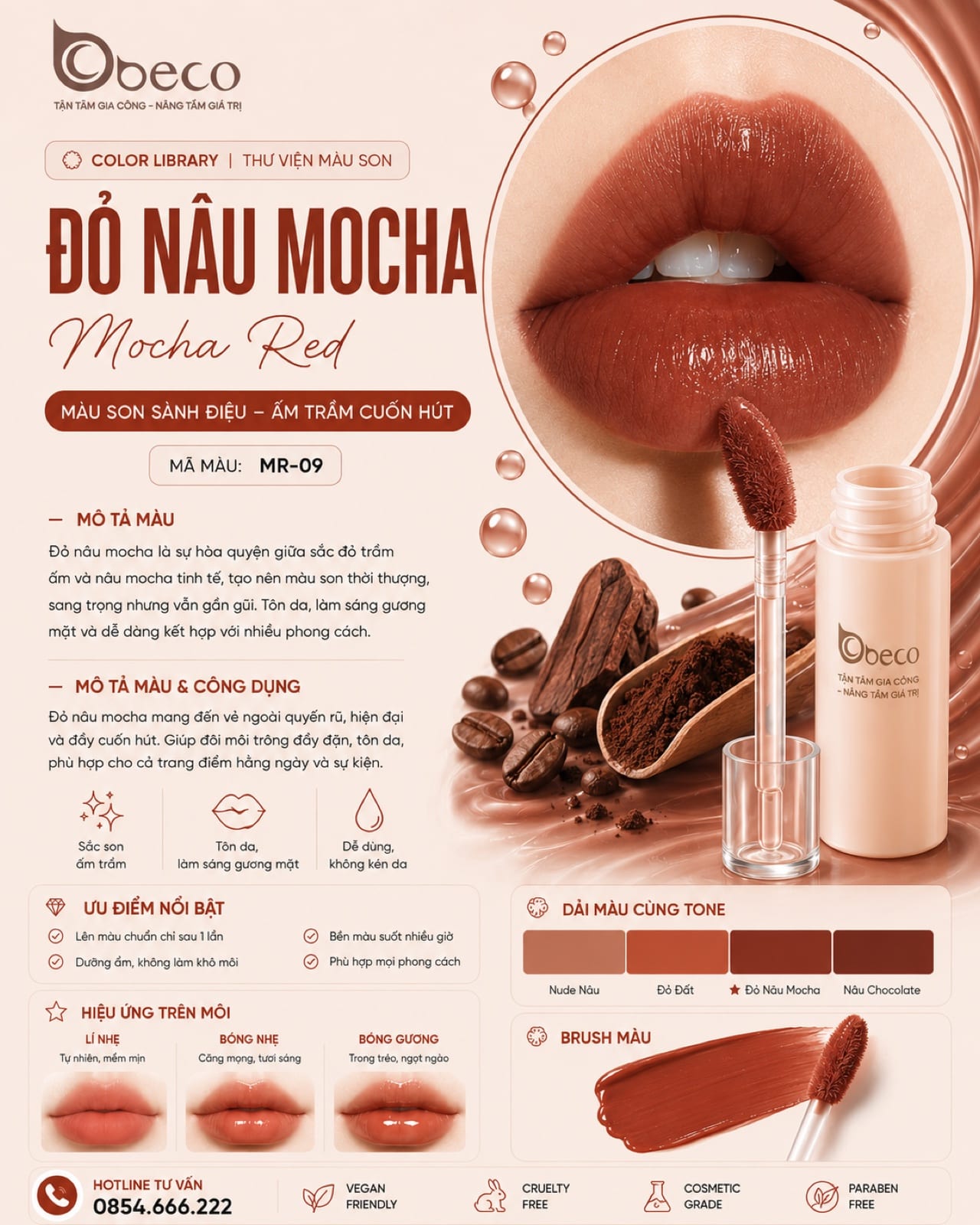 Thẻ màu son MR-09 Đỏ nâu mocha (Mocha Red) do BECO gia công