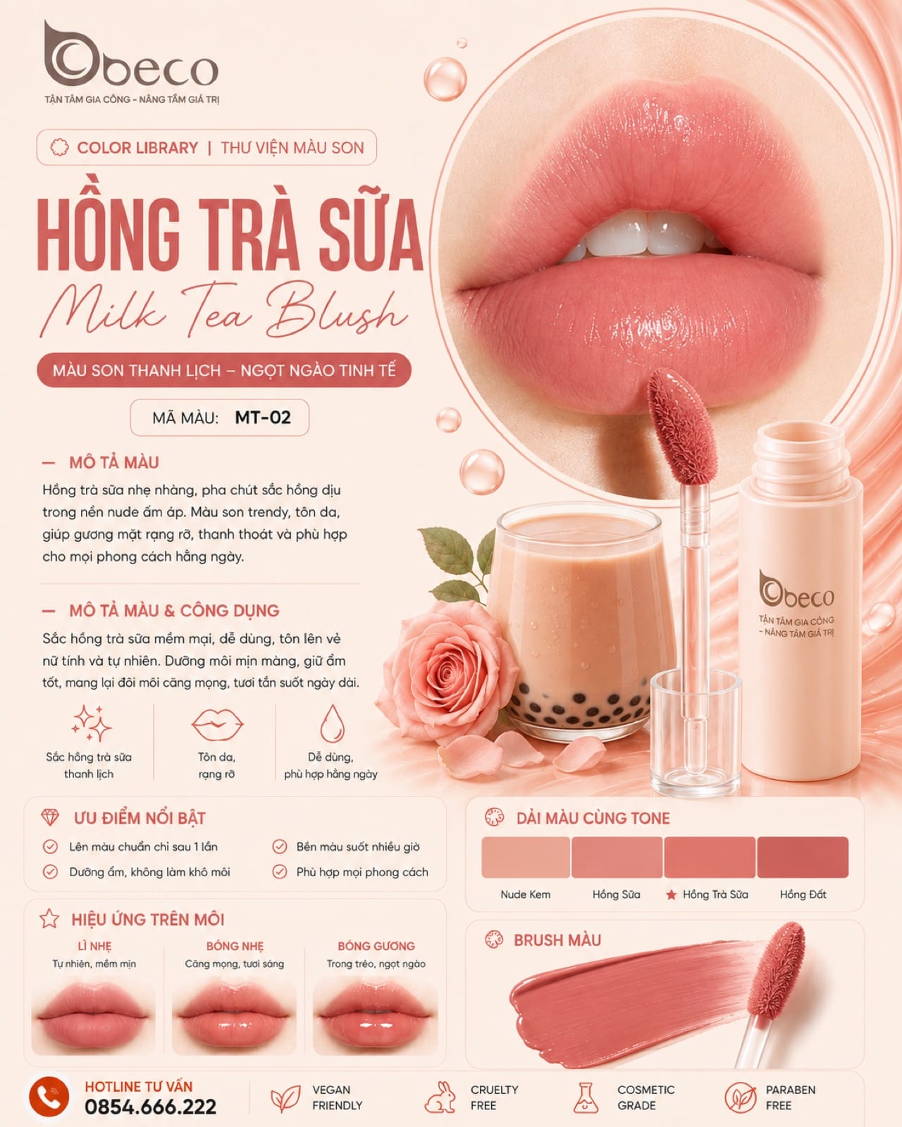 Thẻ màu son MT-02 Hồng trà sữa (Milk Tea Blush) do BECO gia công