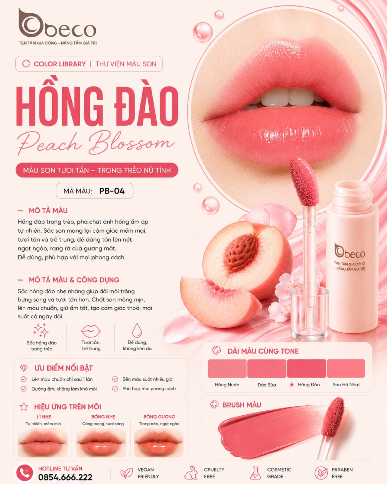 Thẻ màu son PB-04 Hồng đào (Peach Blossom) do BECO gia công