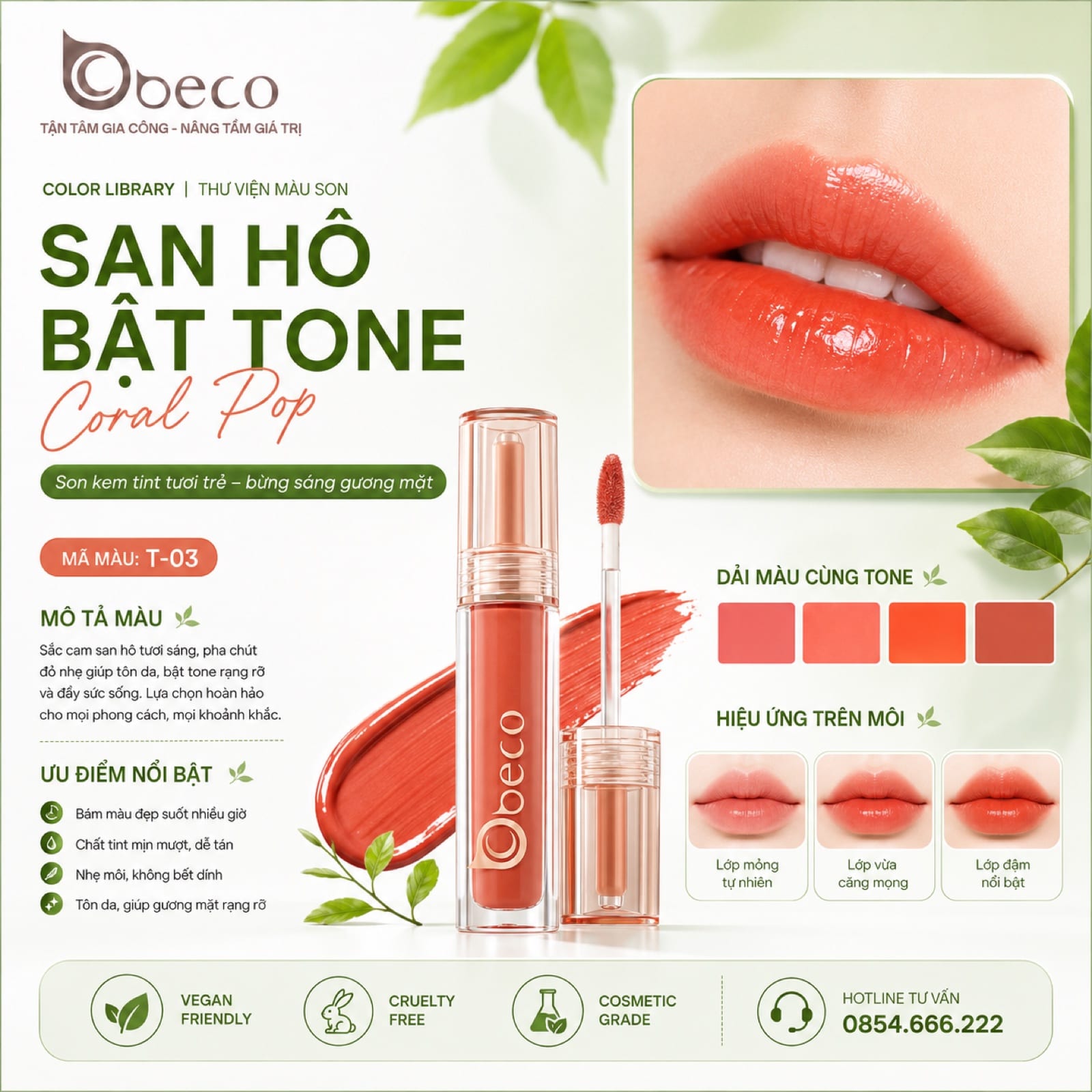 Thẻ màu son T-03 San hô bật tone (Coral Pop) do BECO gia công