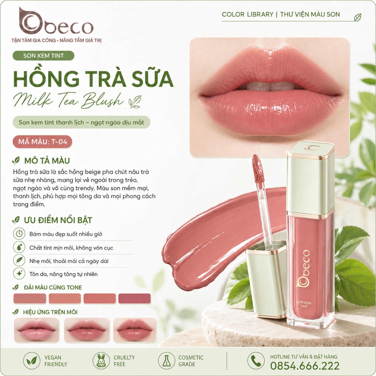 Thẻ màu son T-04 Hồng trà sữa (Milk Tea Blush) do BECO gia công