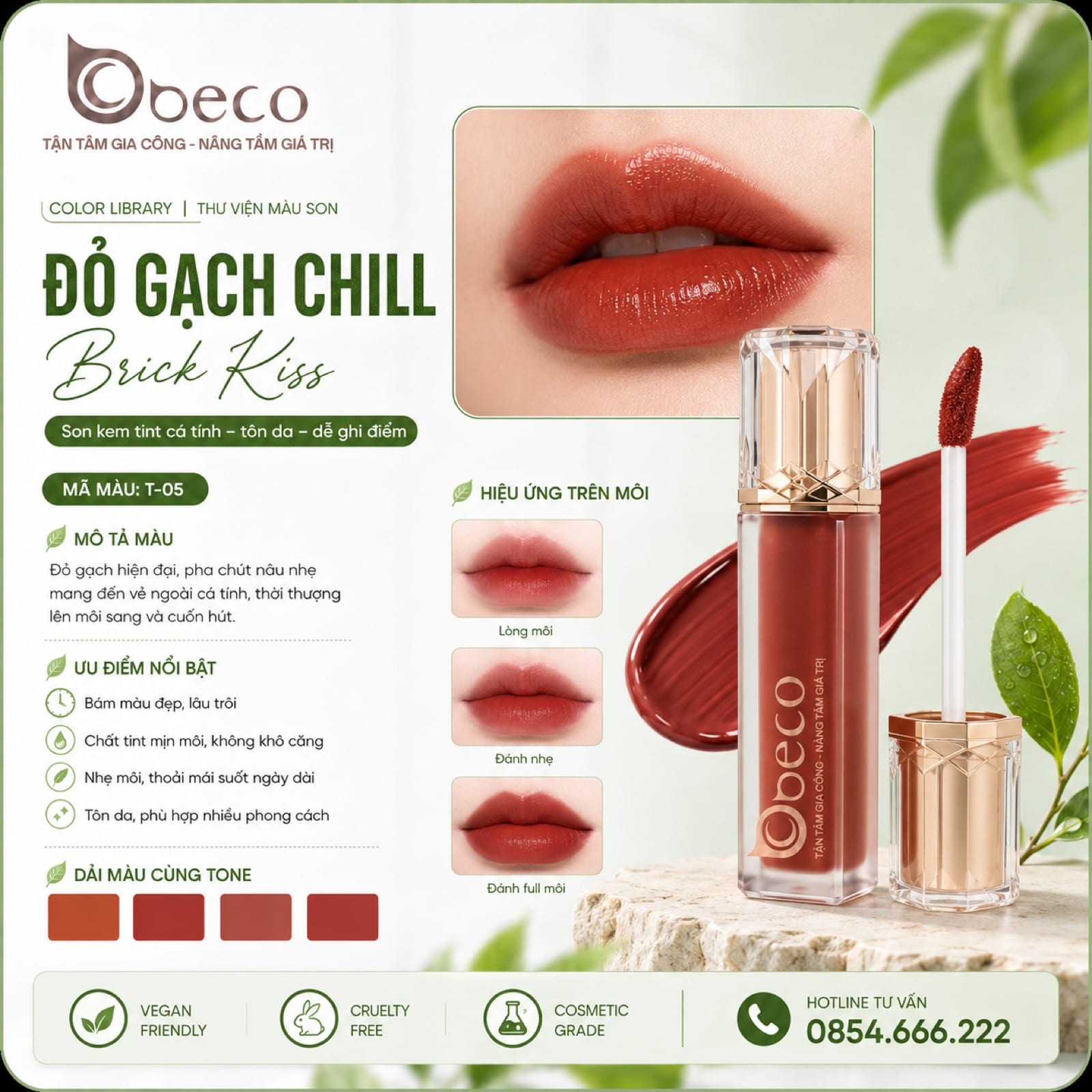 Thẻ màu son T-05 Đỏ gạch chill (Brick Kiss) do BECO gia công