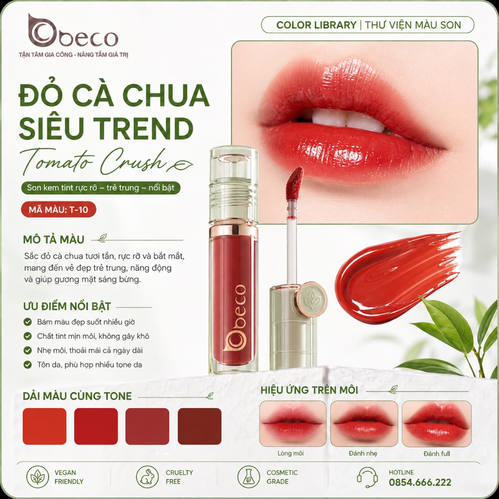 Thẻ màu son T-10 Đỏ cà chua siêu trend (Tomato Crush) do BECO gia công