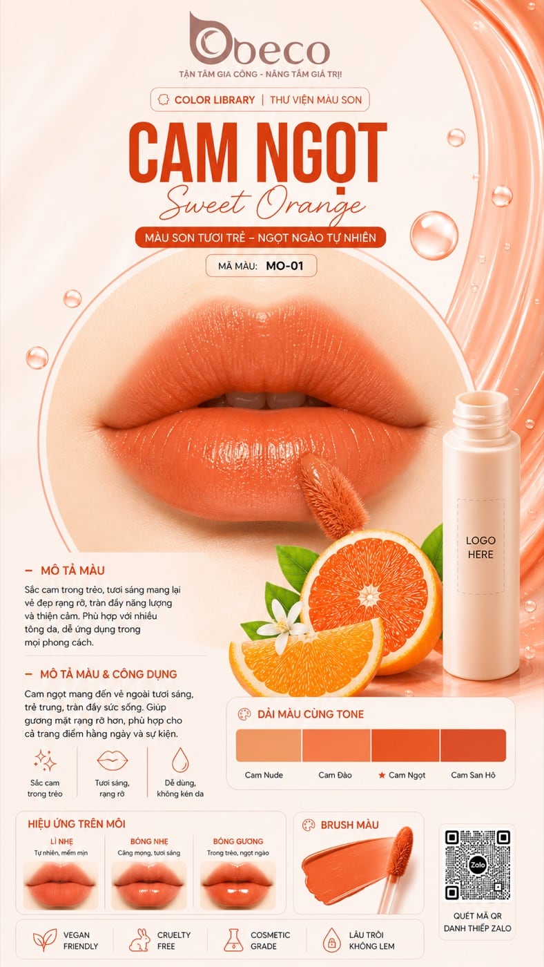 Thẻ màu son MO-01 Cam ngọt trong thư viện màu son của BECO