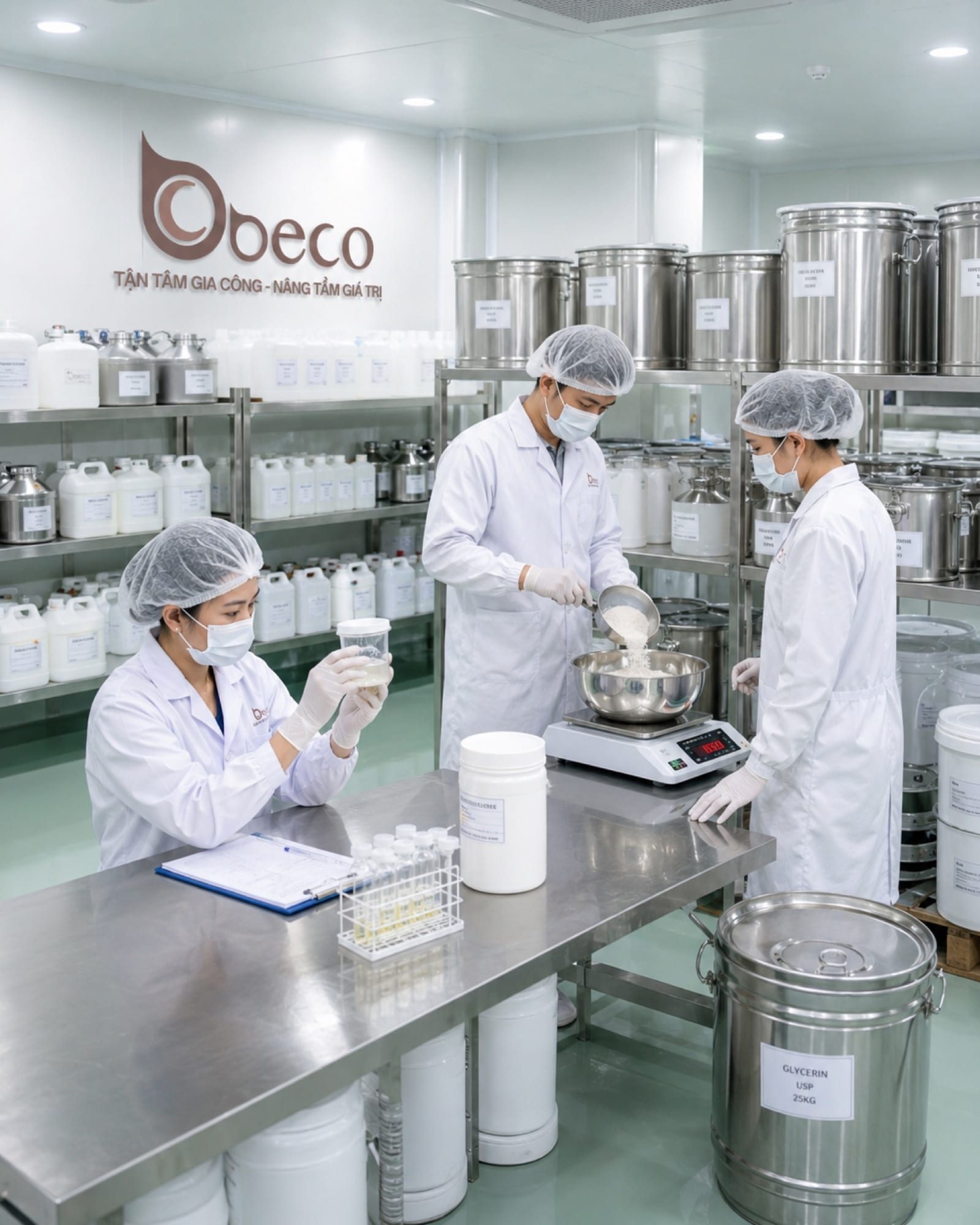 Cân từng nguyên liệu theo công thức, ghi số liệu vào hồ sơ mẻ ngay tại bàn