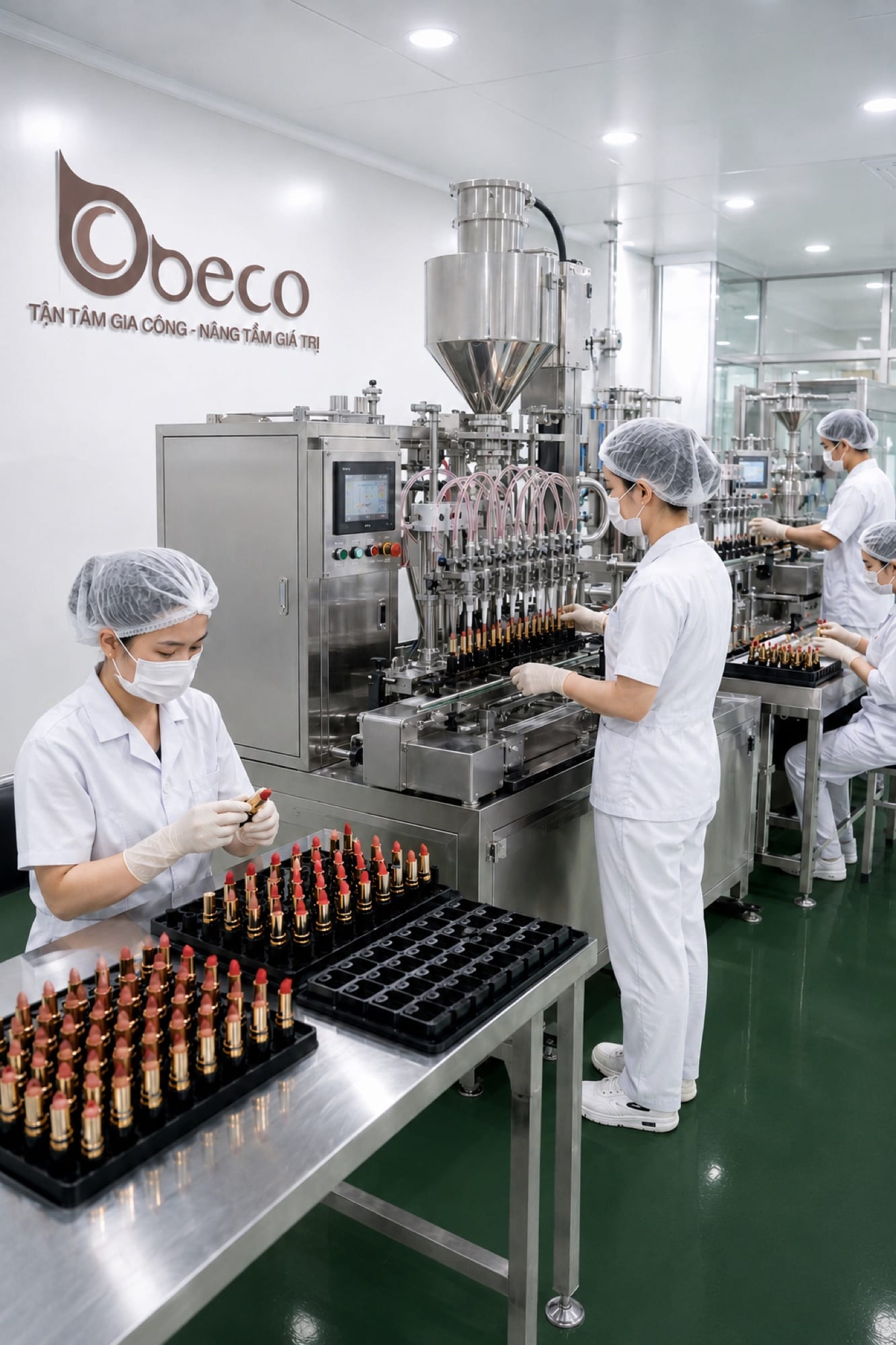 Máy chiết rót chai serum vận hành, nhân sự xếp chai vào khay ngay tại đầu chuyền