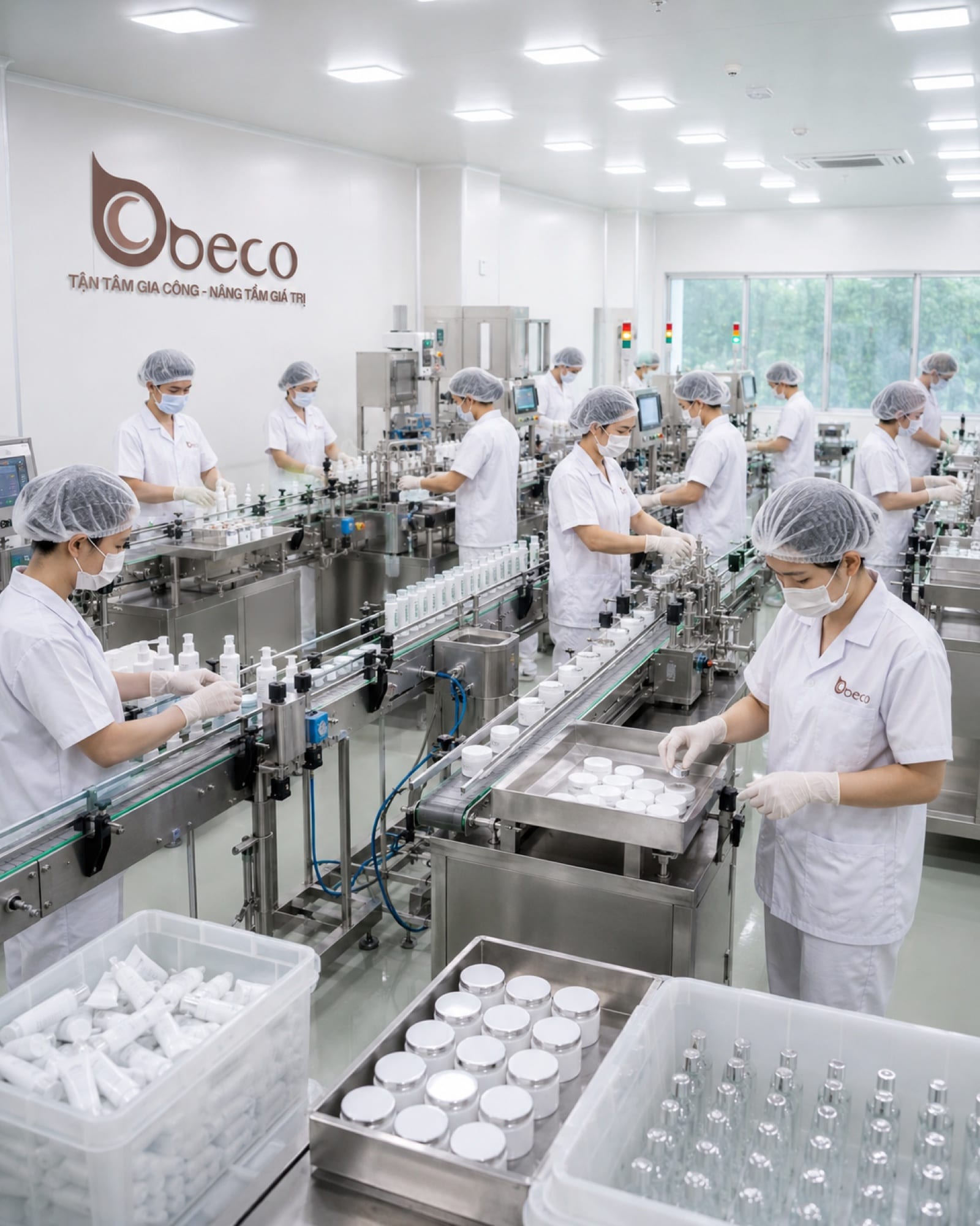 Hai dãy nhân sự đóng nắp và xếp hũ kem vào khay trên chuyền