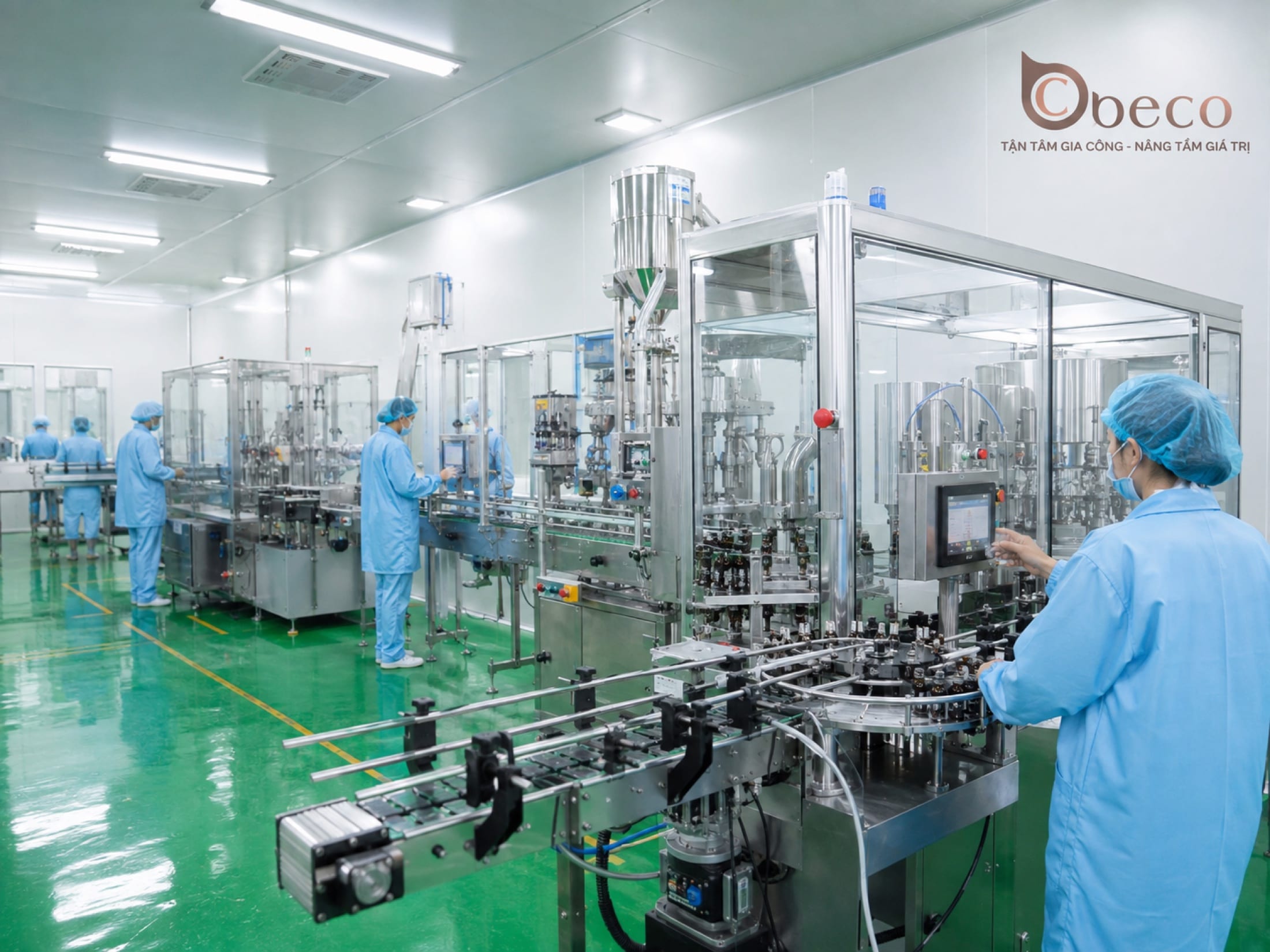 Dây chuyền chiết rót chai vận hành trong phòng sạch