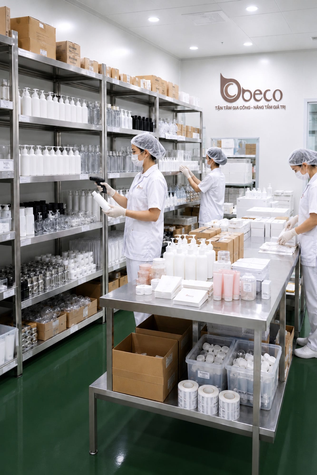 Chai lọ và hộp giấy xếp trên kệ, soạn theo từng đơn trước khi vào chuyền