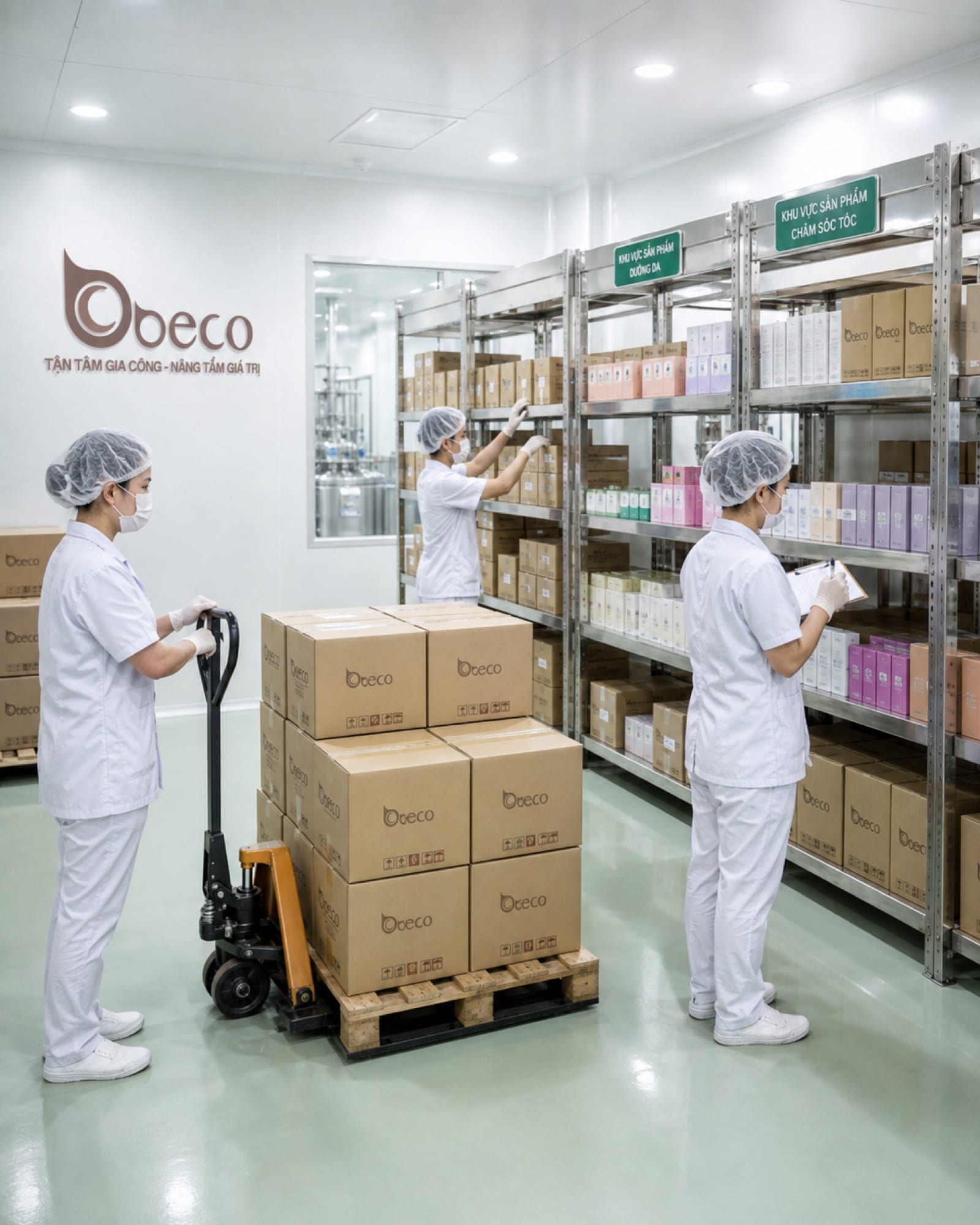 Thành phẩm đóng thùng, xếp pallet và chuyển vào kho bằng xe nâng tay