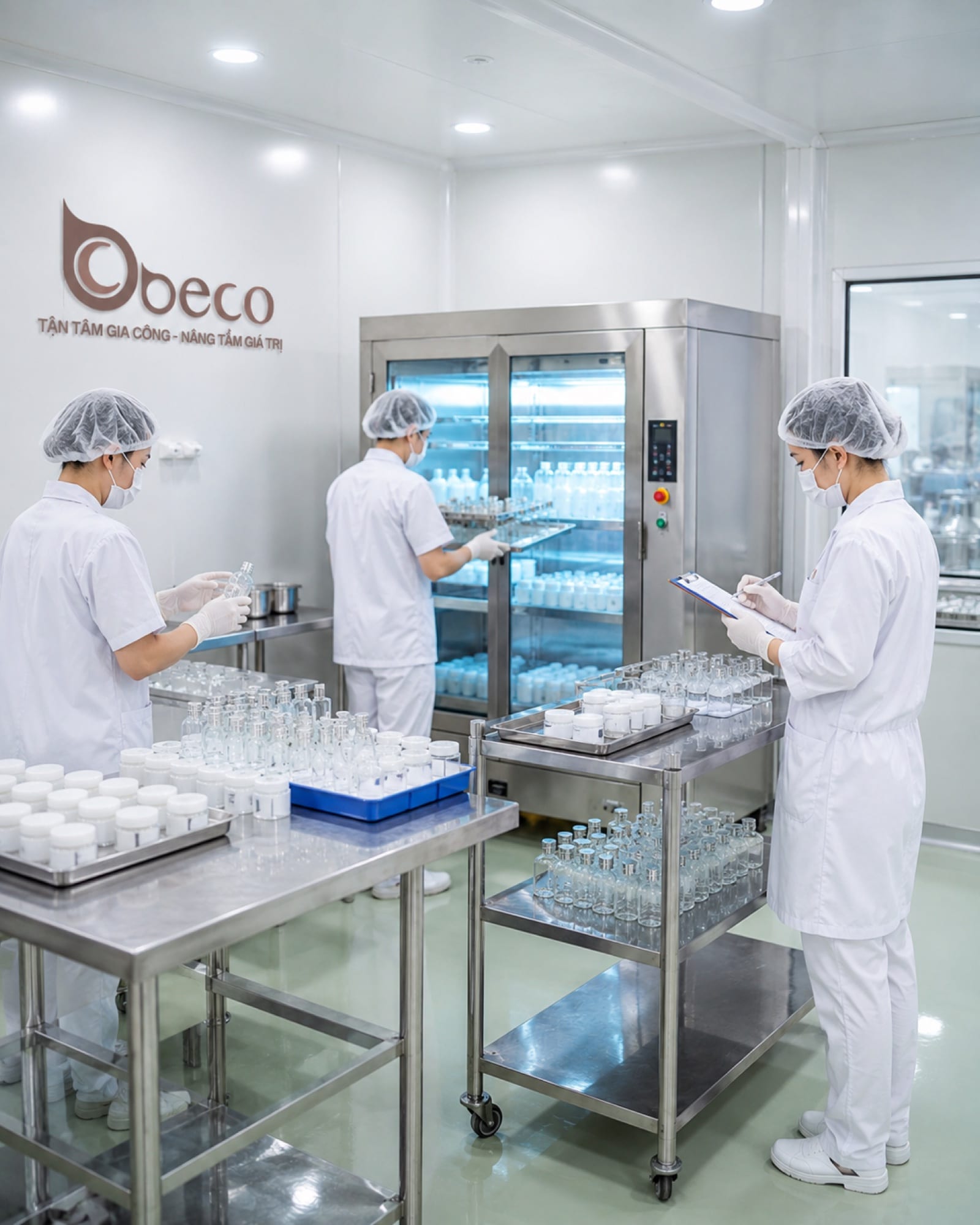 Chai lọ được rửa và tiệt trùng trong tủ trước khi đưa vào chiết rót