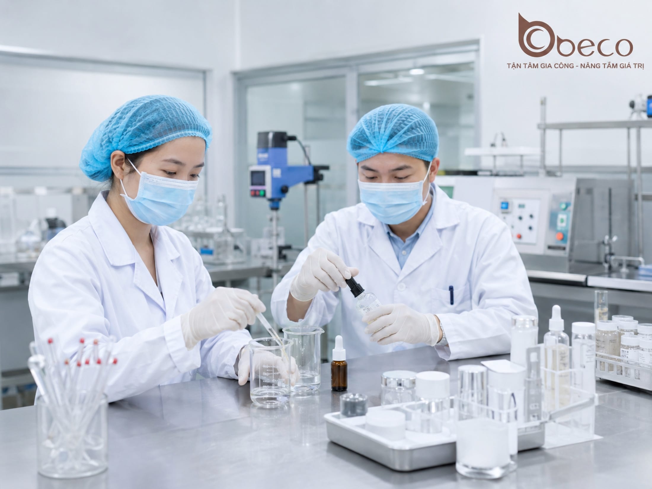 Hai chuyên viên nghiên cứu pha mẫu thử trong phòng thí nghiệm