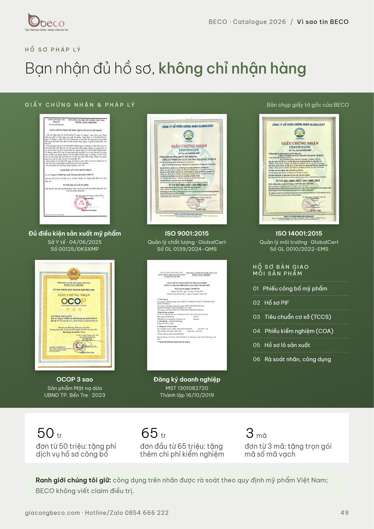Trang hồ sơ pháp lý trong catalogue BECO 2026