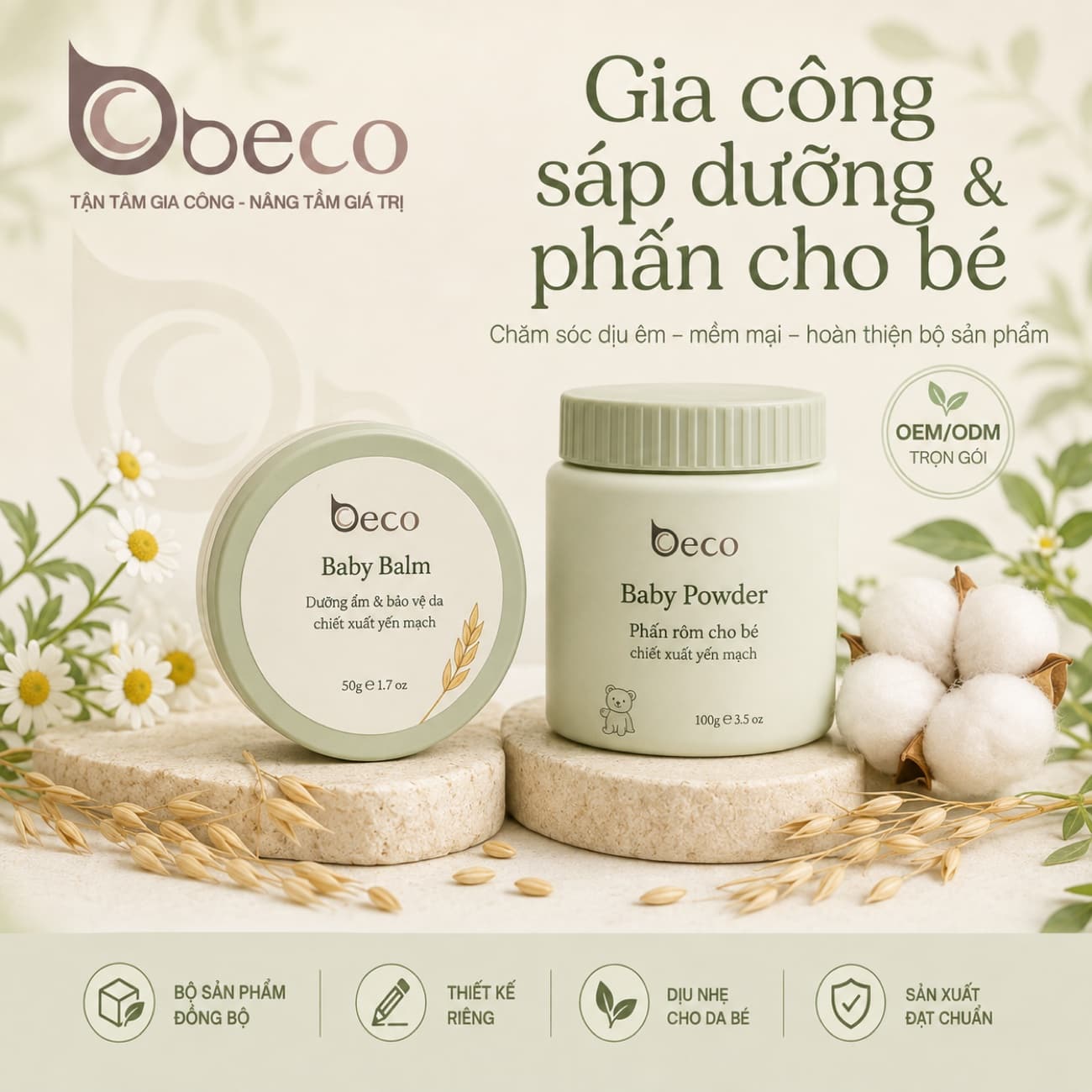 Sáp dưỡng và phấn rôm cho bé do BECO gia công
