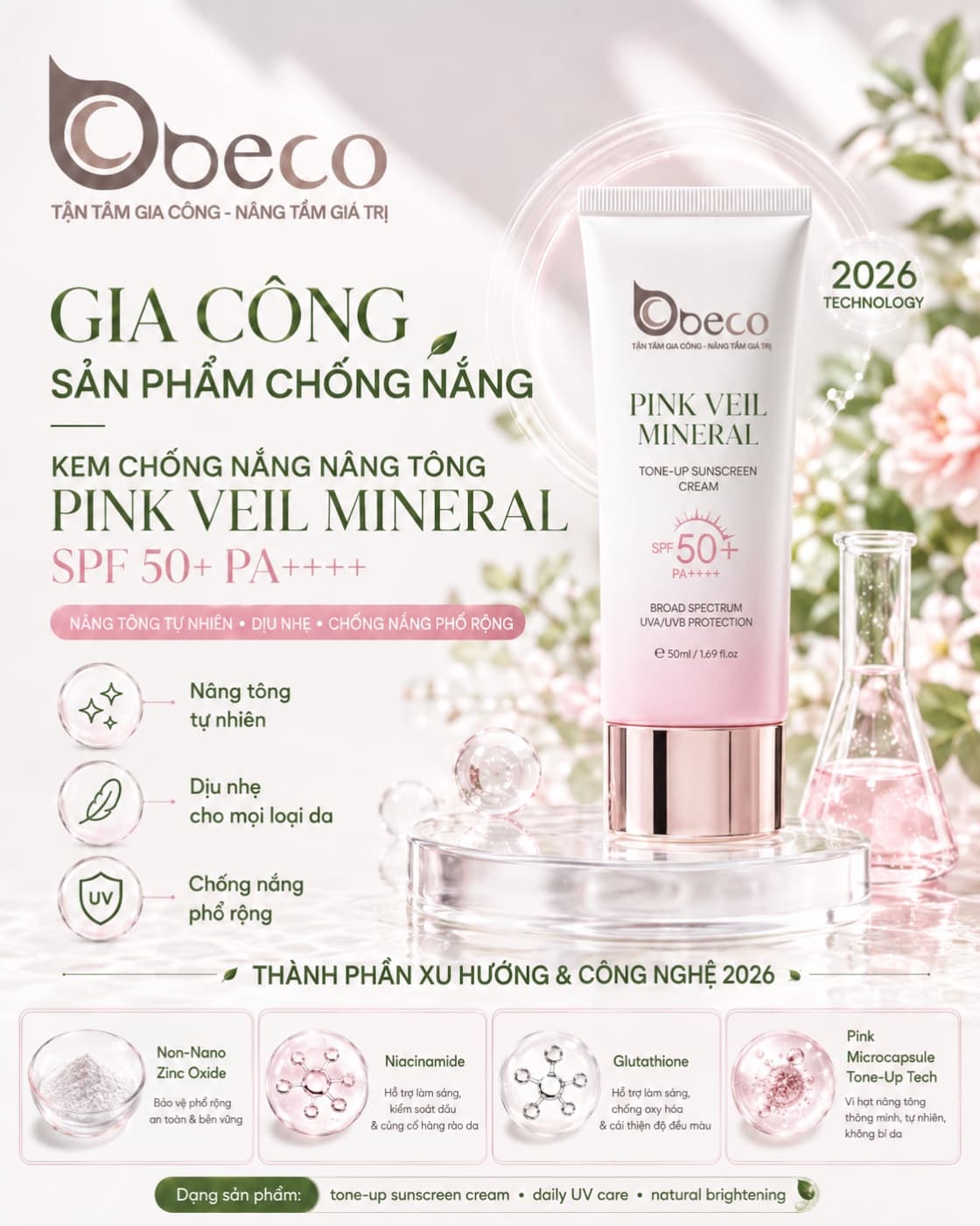 Kem chống nắng nâng tông Pink Veil Mineral của BECO