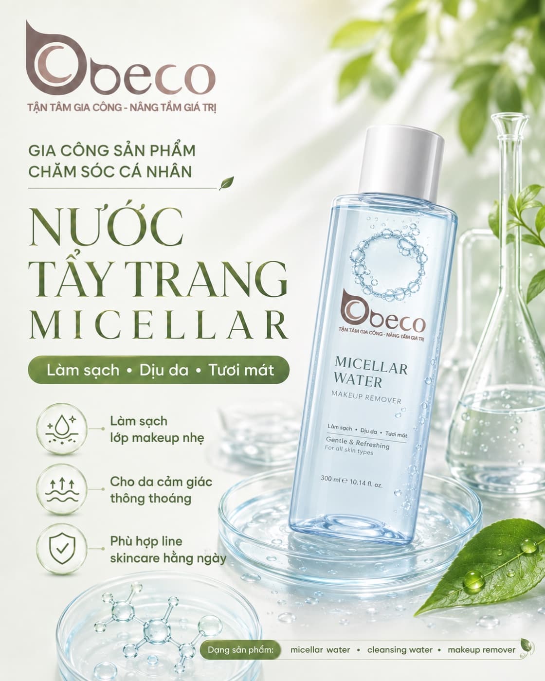 Nước tẩy trang micellar do BECO gia công, chai 300ml