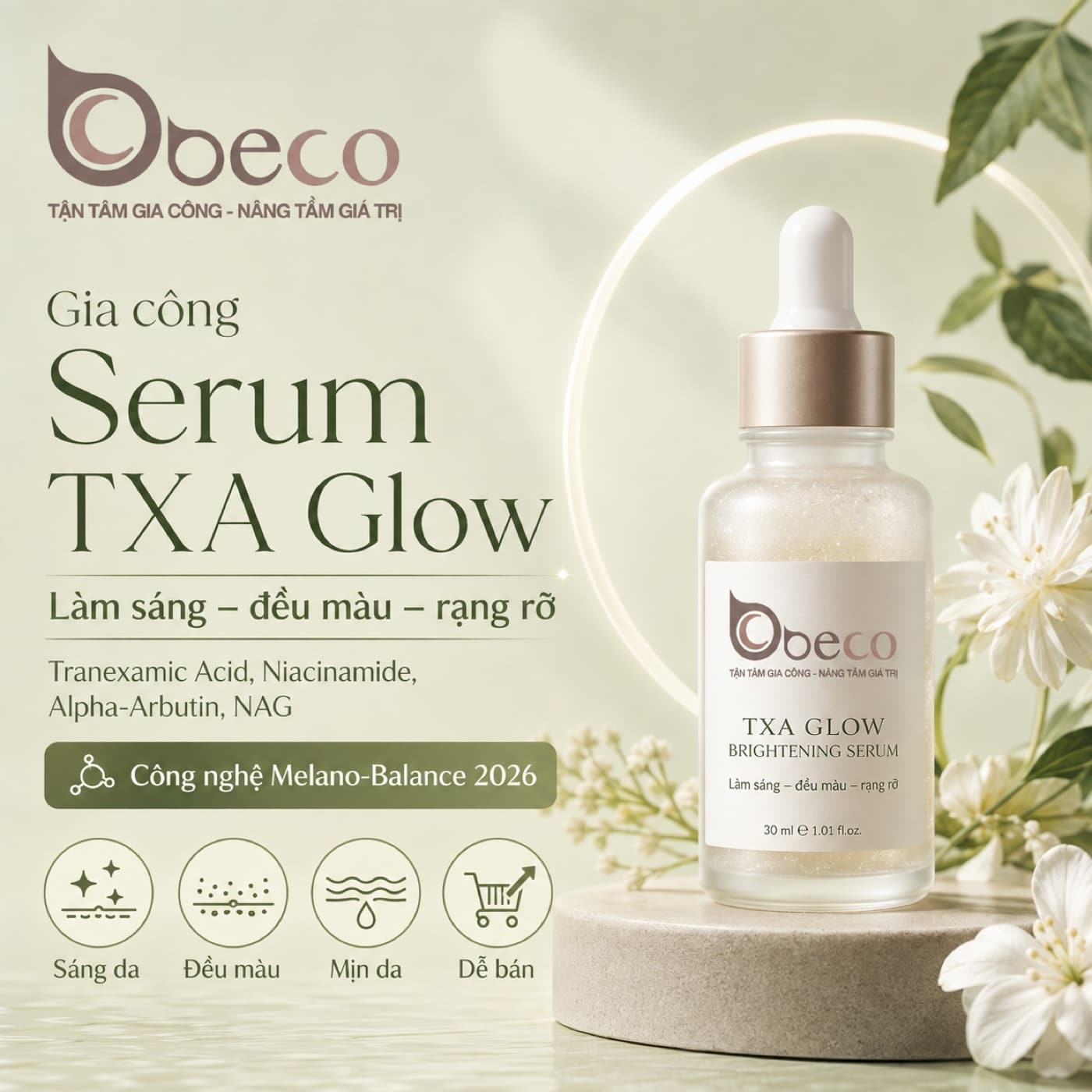 Serum TXA Glow do BECO gia công, chai nhỏ giọt 30ml