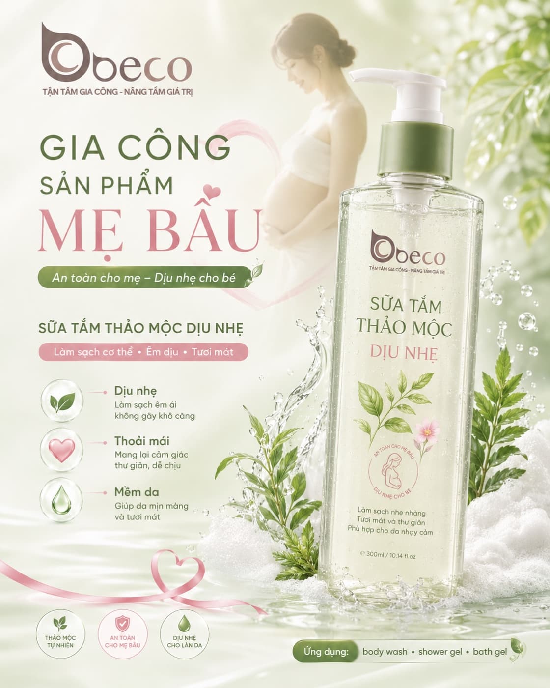 Sữa tắm thảo mộc dịu nhẹ cho mẹ bầu do BECO gia công, chai vòi nhấn