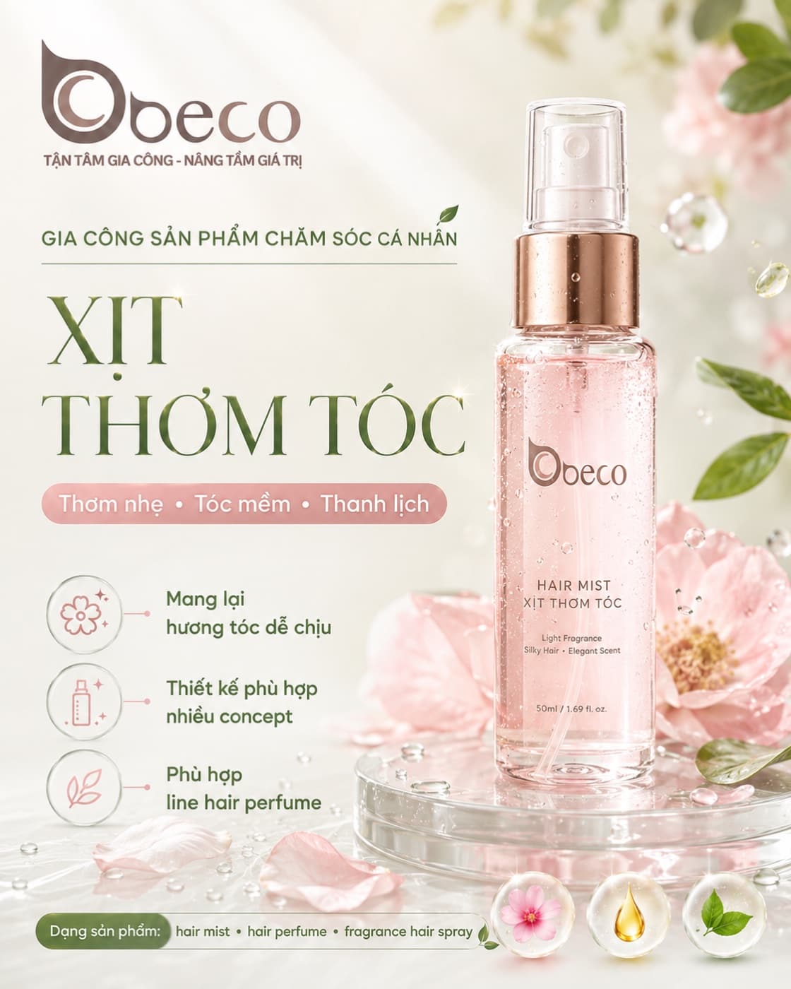 Xịt thơm tóc Hair Mist do BECO gia công, chai xịt 50ml