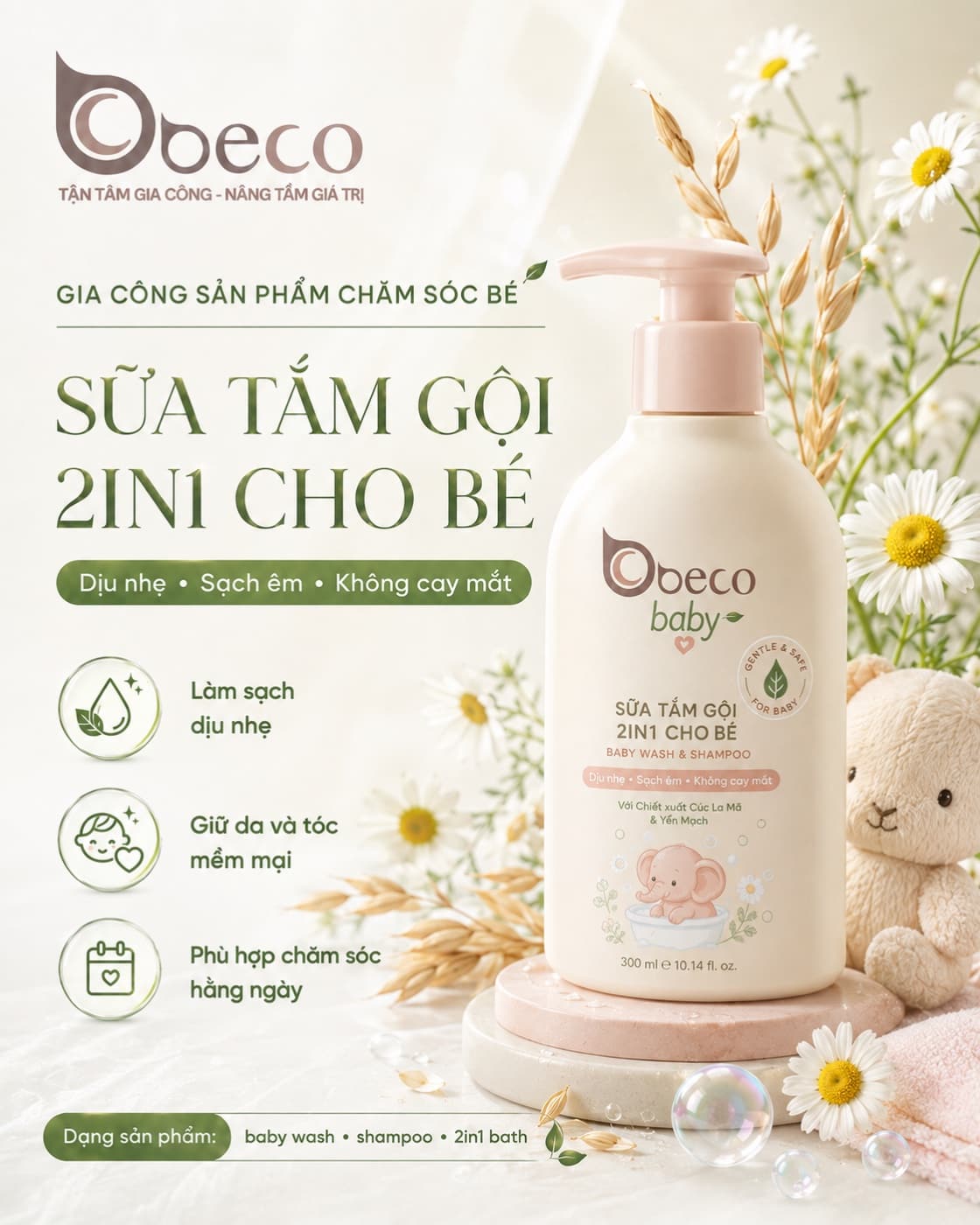 Sữa tắm gội 2in1 cho bé do BECO gia công, chai vòi nhấn tông hồng phấn