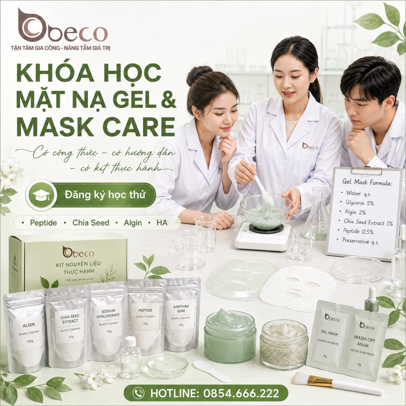 Bộ kit nguyên liệu và thành phẩm khoá học mặt nạ gel và mask care tại BECO