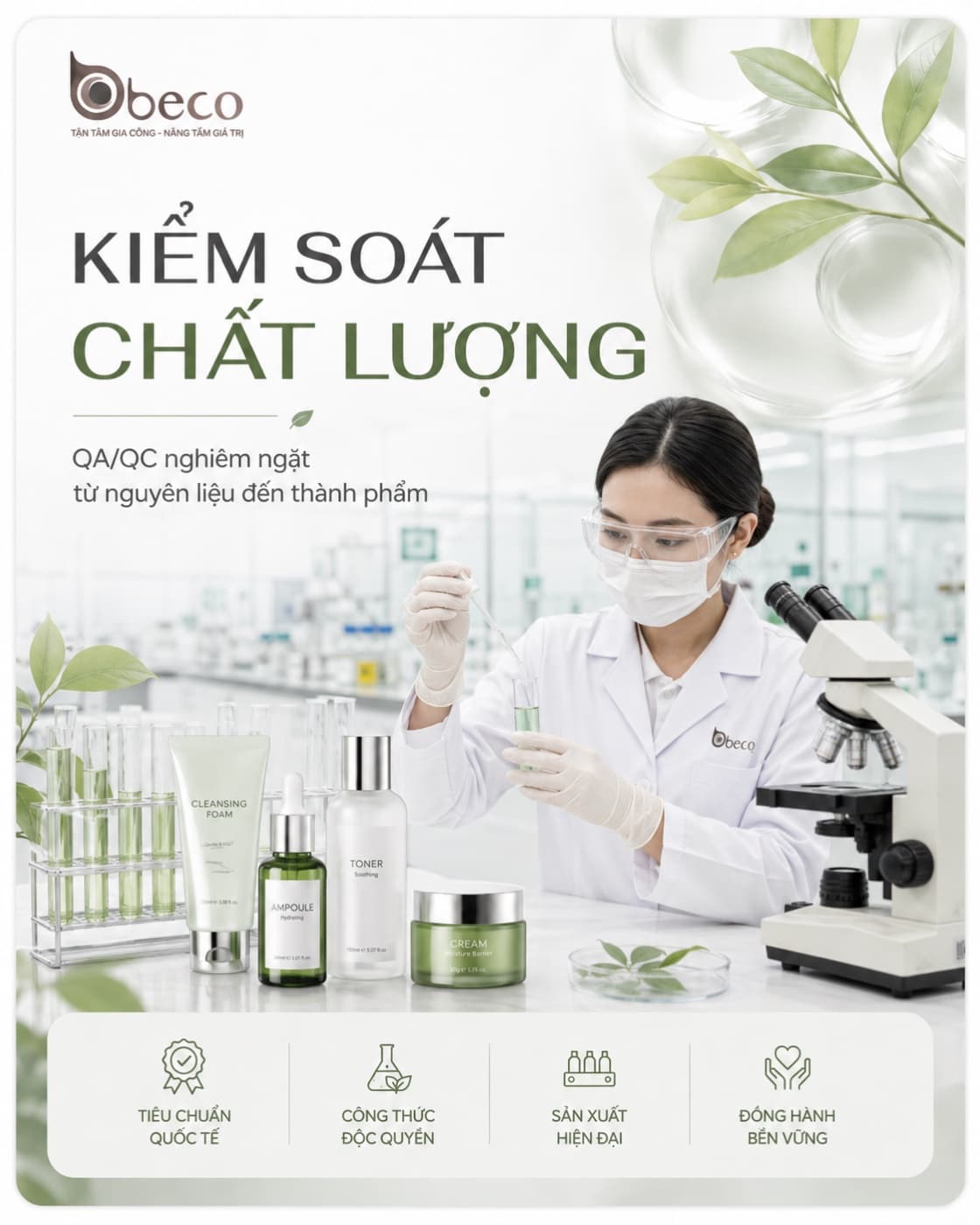 Chuyên viên QA/QC của BECO kiểm mẫu mỹ phẩm bằng kính hiển vi trong phòng lab
