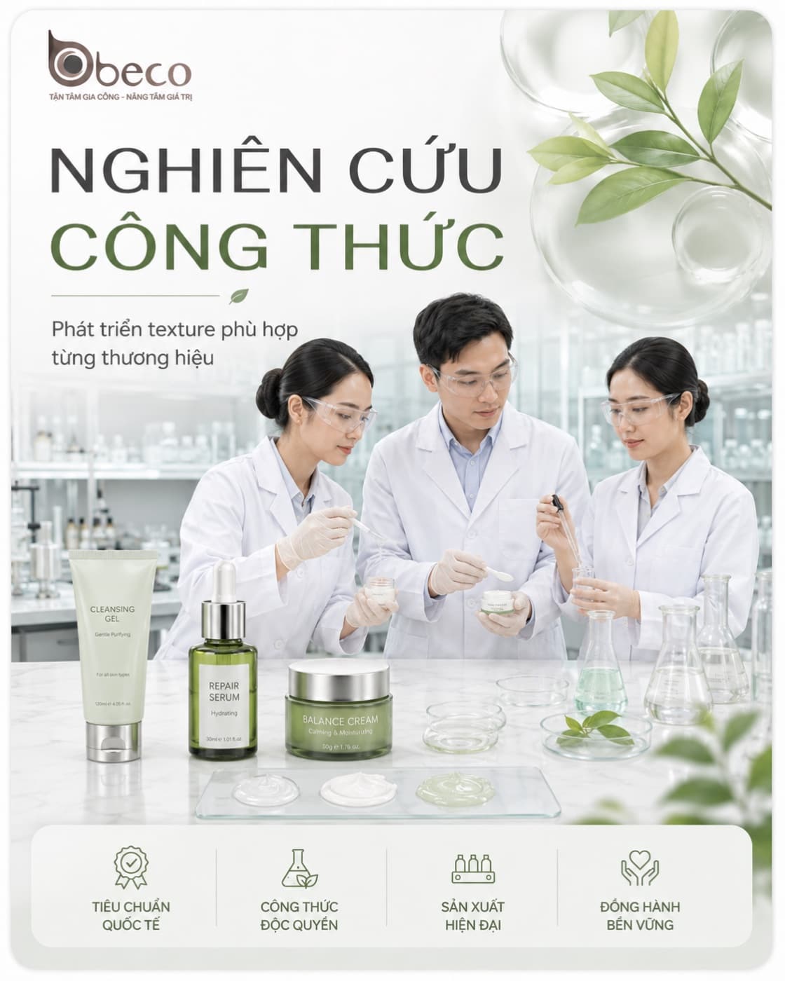 Chuyên viên phòng lab BECO thử kết cấu mẫu công thức mỹ phẩm