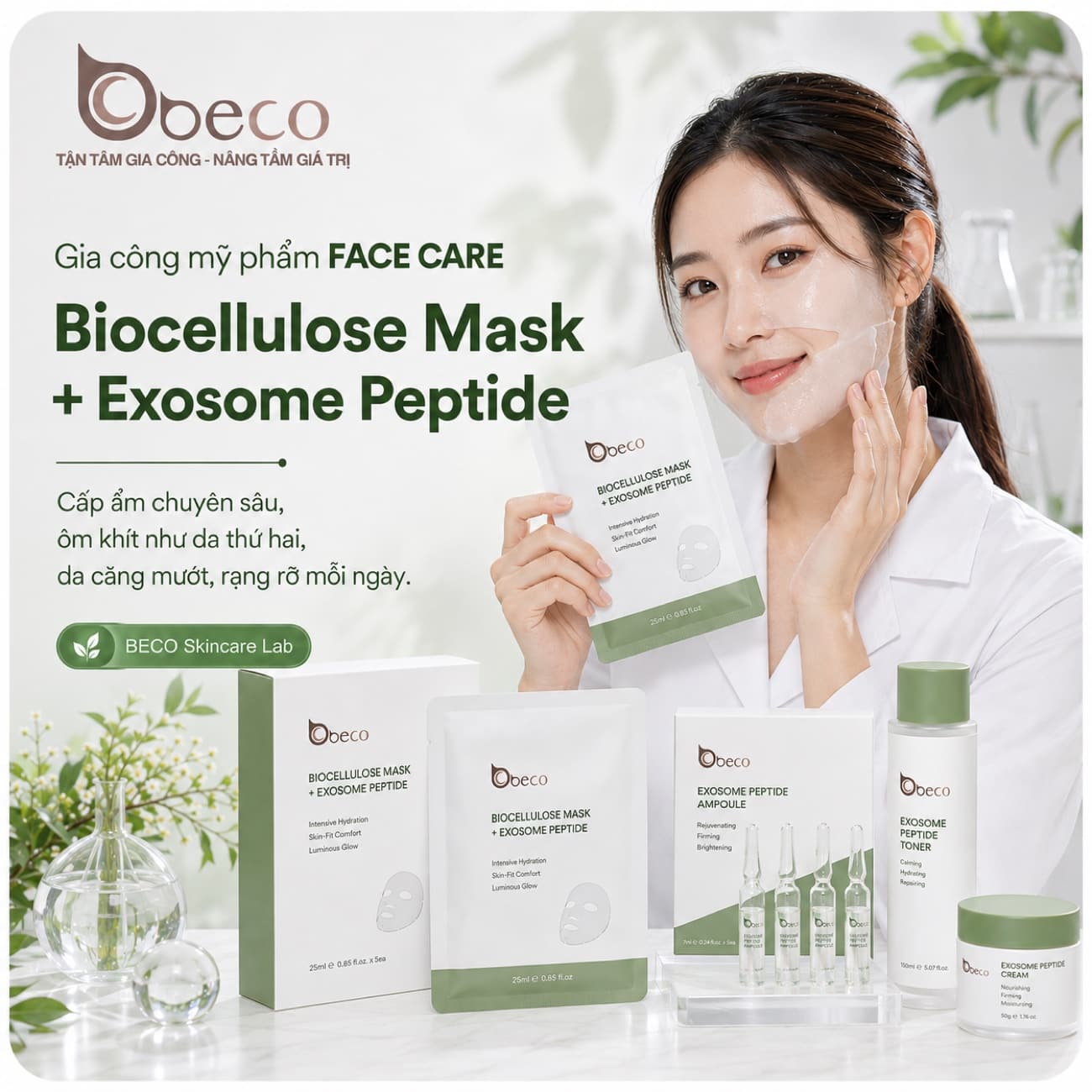 Mặt nạ biocellulose và ống tinh chất Exosome Peptide do BECO gia công