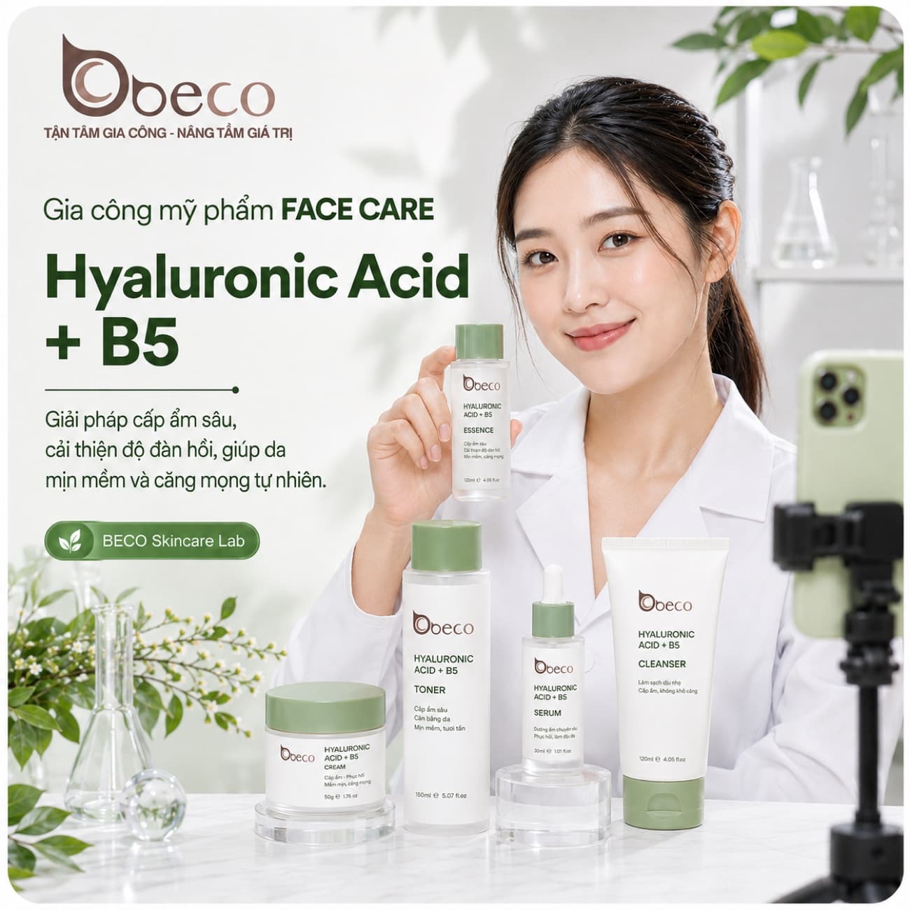 Bộ sản phẩm dòng Hyaluronic Acid + B5 do BECO gia công