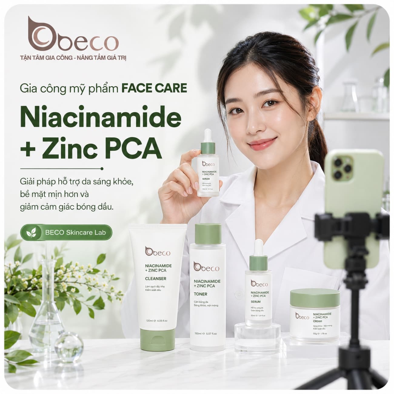 Bộ sữa rửa mặt, toner và kem dưỡng dòng Niacinamide + Zinc PCA do BECO gia công